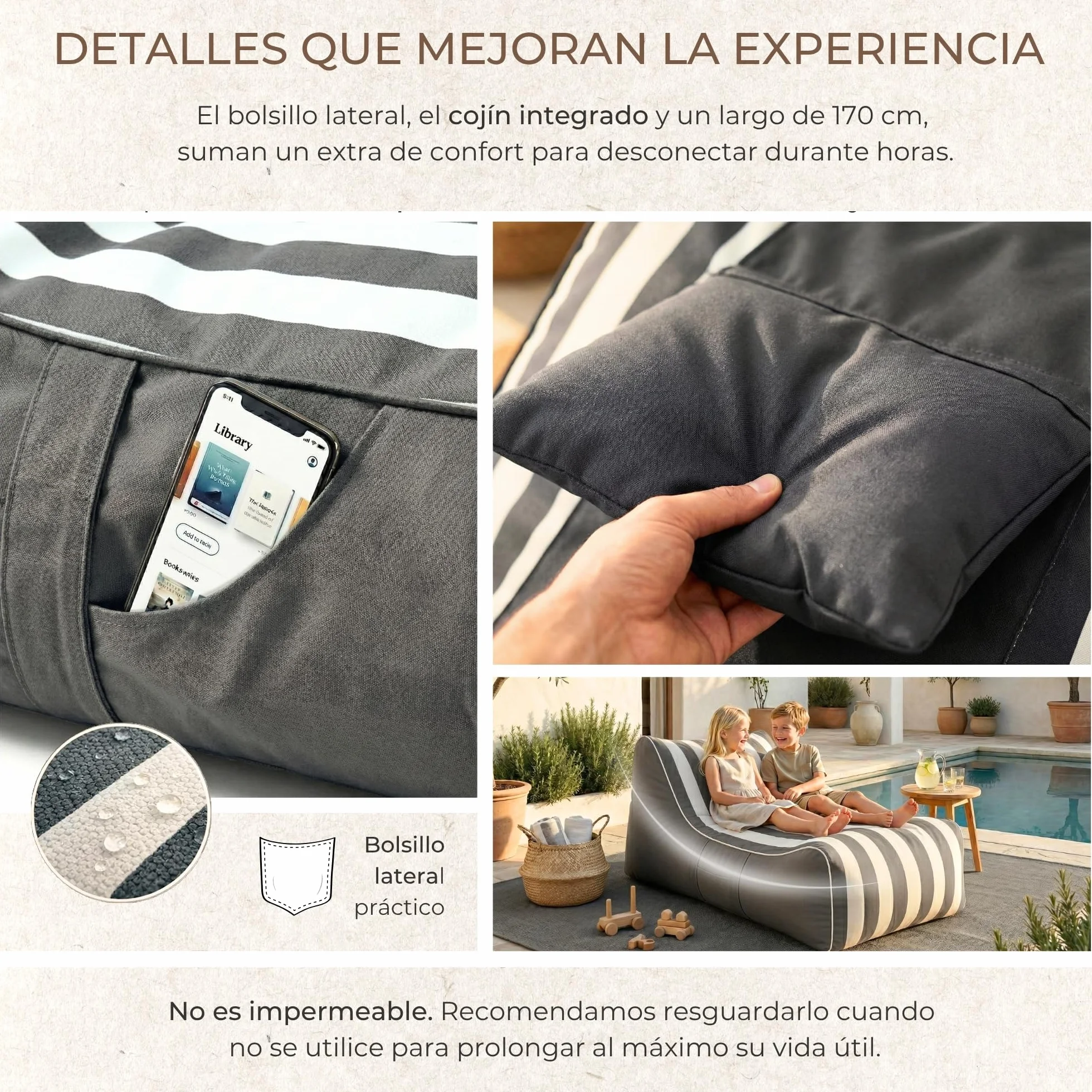 Aiire Puff Exterior Jardín con Relleno Incluido - Puf en Olefina Premium, Desenfundable y Lavable - Bean Bag Chair para Terraza, Piscina y Porche - Tumbona Lounge XXL Exterior Gris