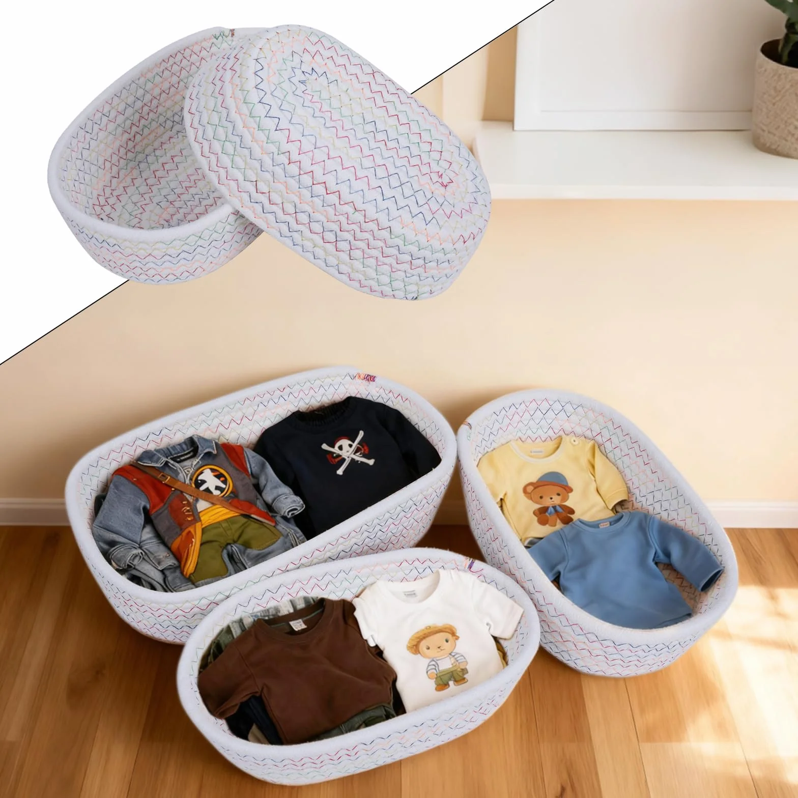 Panier de Rangement Salle de Bain en Coton Tressé 3 Pièces pour Cuisine Chambre