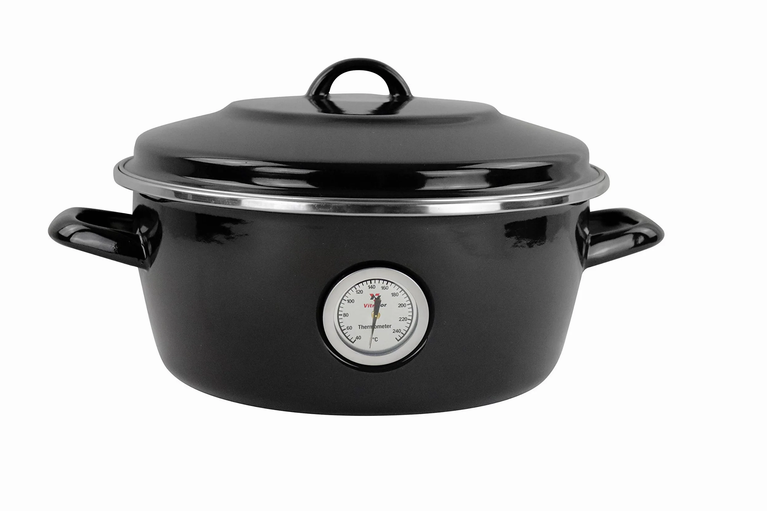Dutch Oven Magefesa Negro de 26cm. Fabricado en España. Material de acero esmaltado con termómetro incorporado y recubrimiento antiadherente. Herrajes y tapas especiales para horno.