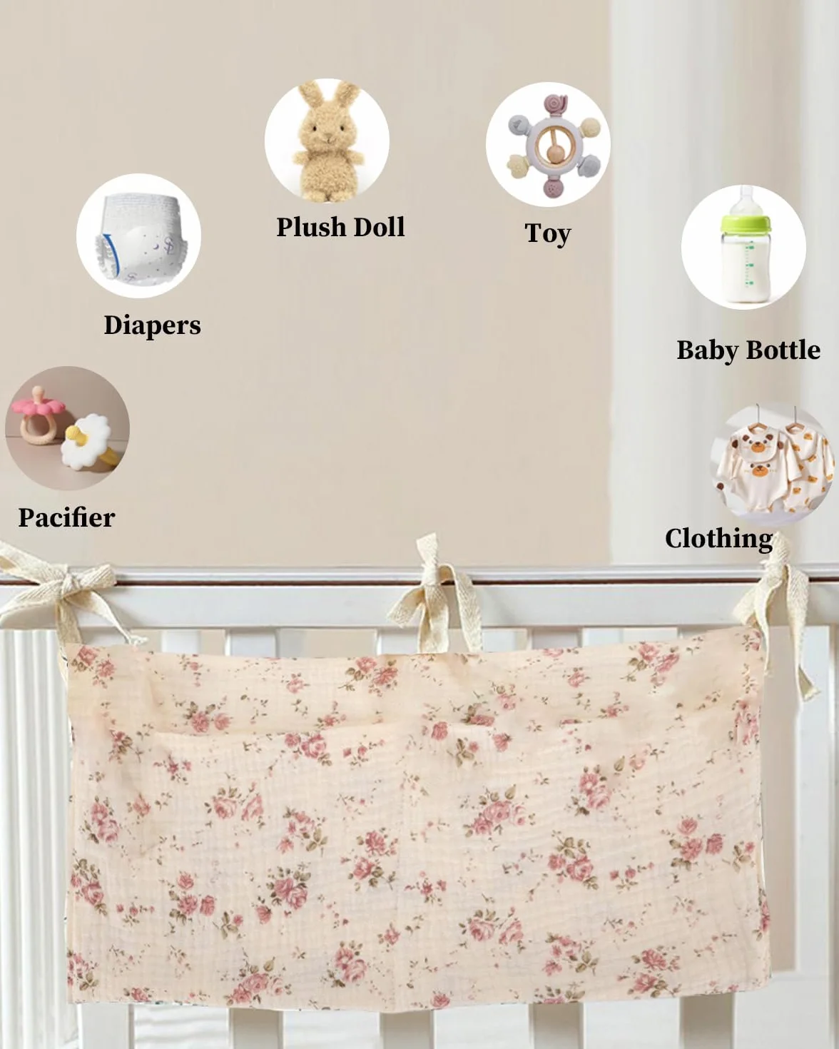 Organizador Colgante para Cuna de Bebé, Bolsa de Almacenamiento para Pañales y Juguetes, Flor Rosa