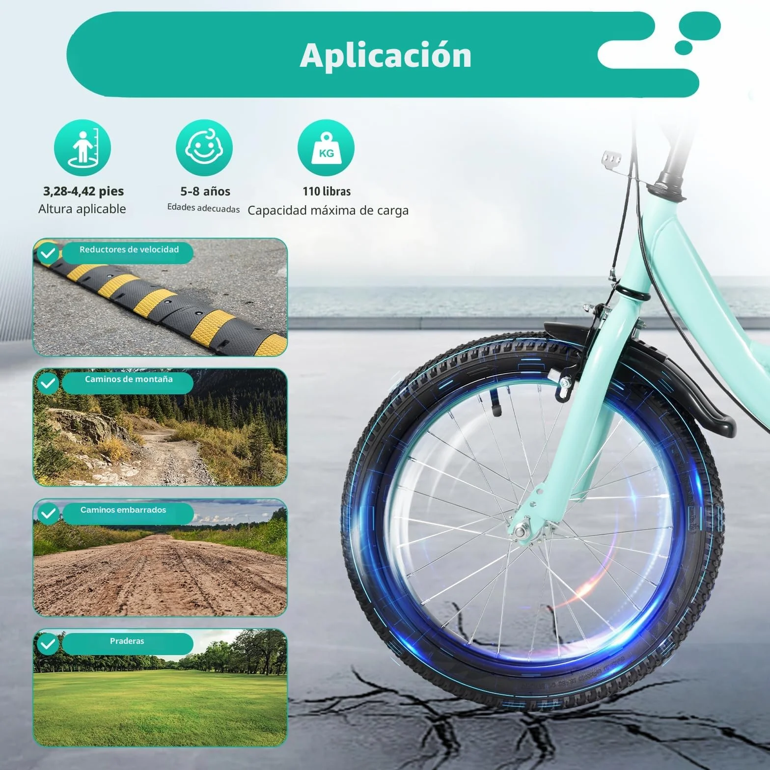 Bicicleta infantil 16 pulgadas con ruedas estabilizadoras para niños niñas 5-8 años sillín manillar ajustable doble freno guardabarros timbre