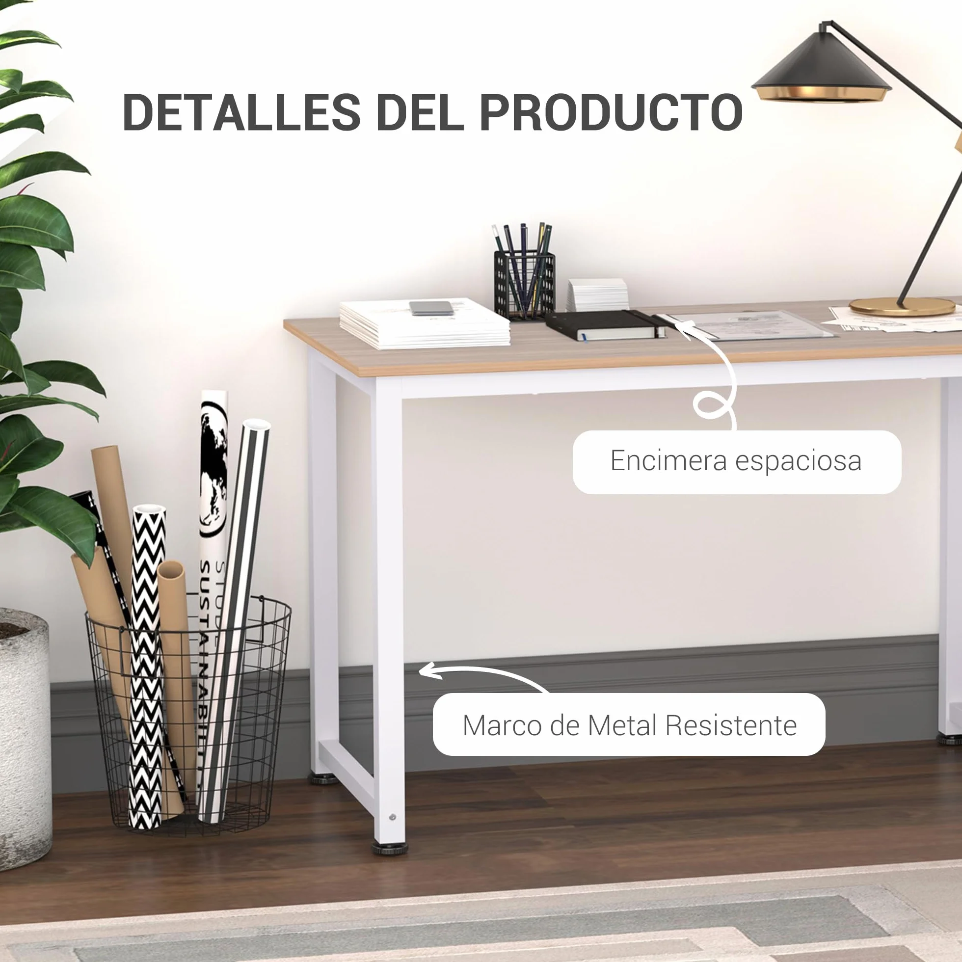 HOMCOM Mesa de Escritorio Moderna Marco Acero 120x60x76 cm Blanco y Natural | Mesa de Estudio, Pies Ajustables, Mesita de Ordenador, para Oficina Hogar