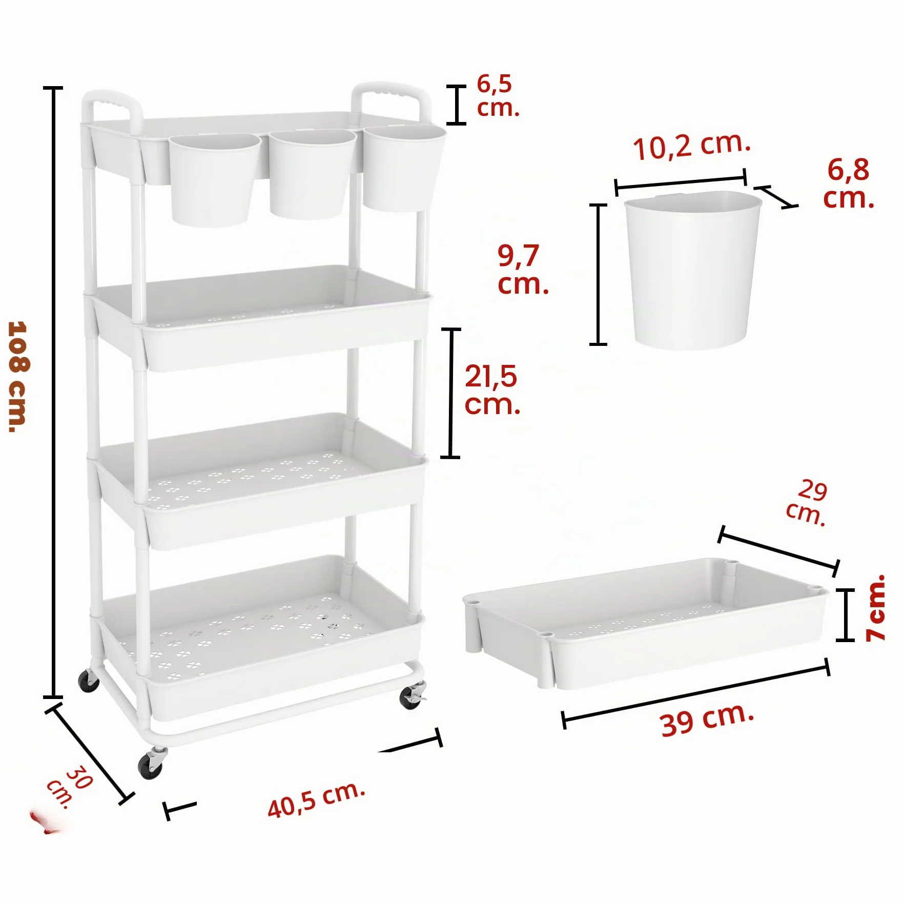 JIUYOTREE Carrito de Almacenamiento de plástico de 4 Niveles con Asas para Colgar adicionales, Ruedas bloqueables para Sala de Estar, baño, Cocina, Oficina, Color Blanco