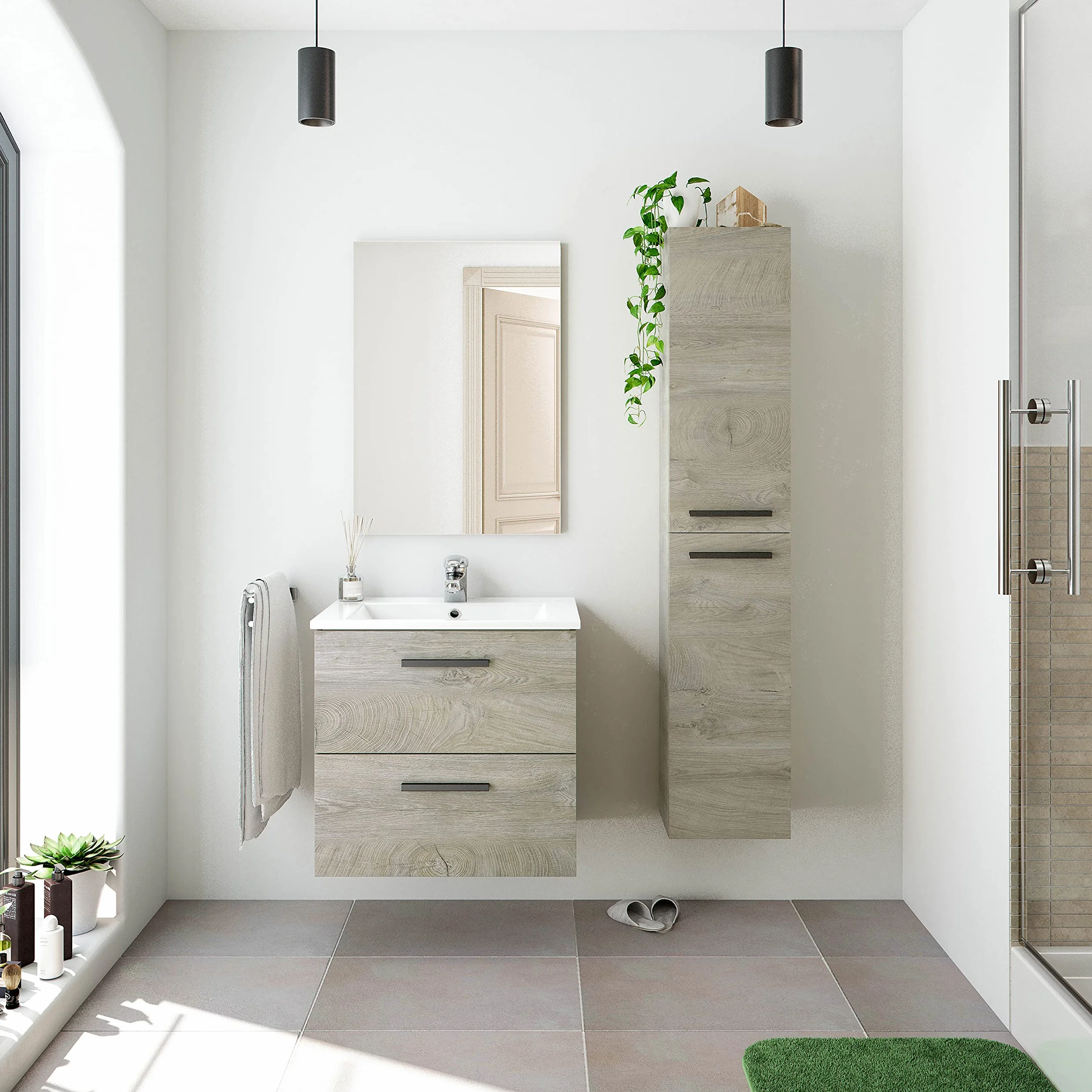 ARKITMOBEL - Mueble de Baño Suspendido 2 Cajones y Espejo, Módulo Lavabo, Color Roble Alaska, 60x57x45 cm - Modelo Aruba. (Lavabo no Incluido)