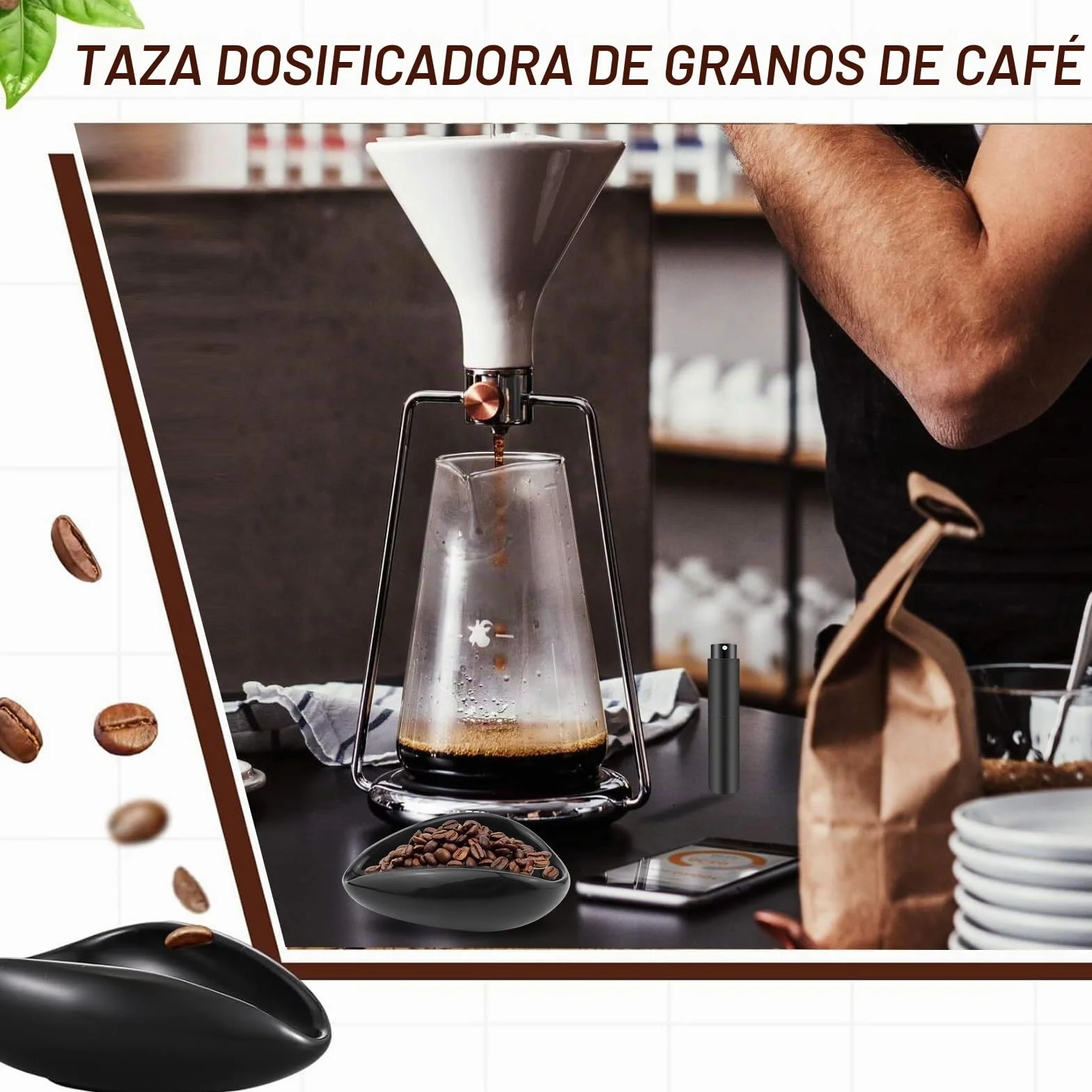 Juego de 3 vasos dosificadores de granos de café, color negro, juego de herramientas, incluye herramienta Wdt de madera, taza de café y botella de spray RDT para café, té y regalos