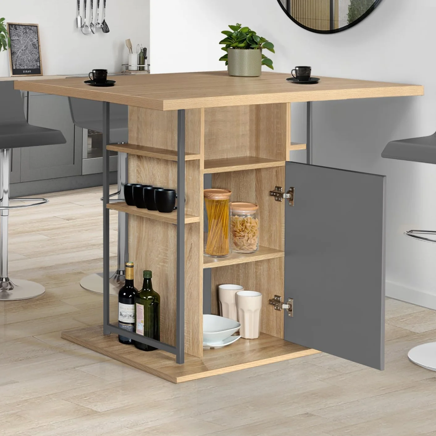 IDMarket – Ilot Central UGO 110 cm Madera Gris e Imitación Haya con Almacenamiento Diseño Industrial