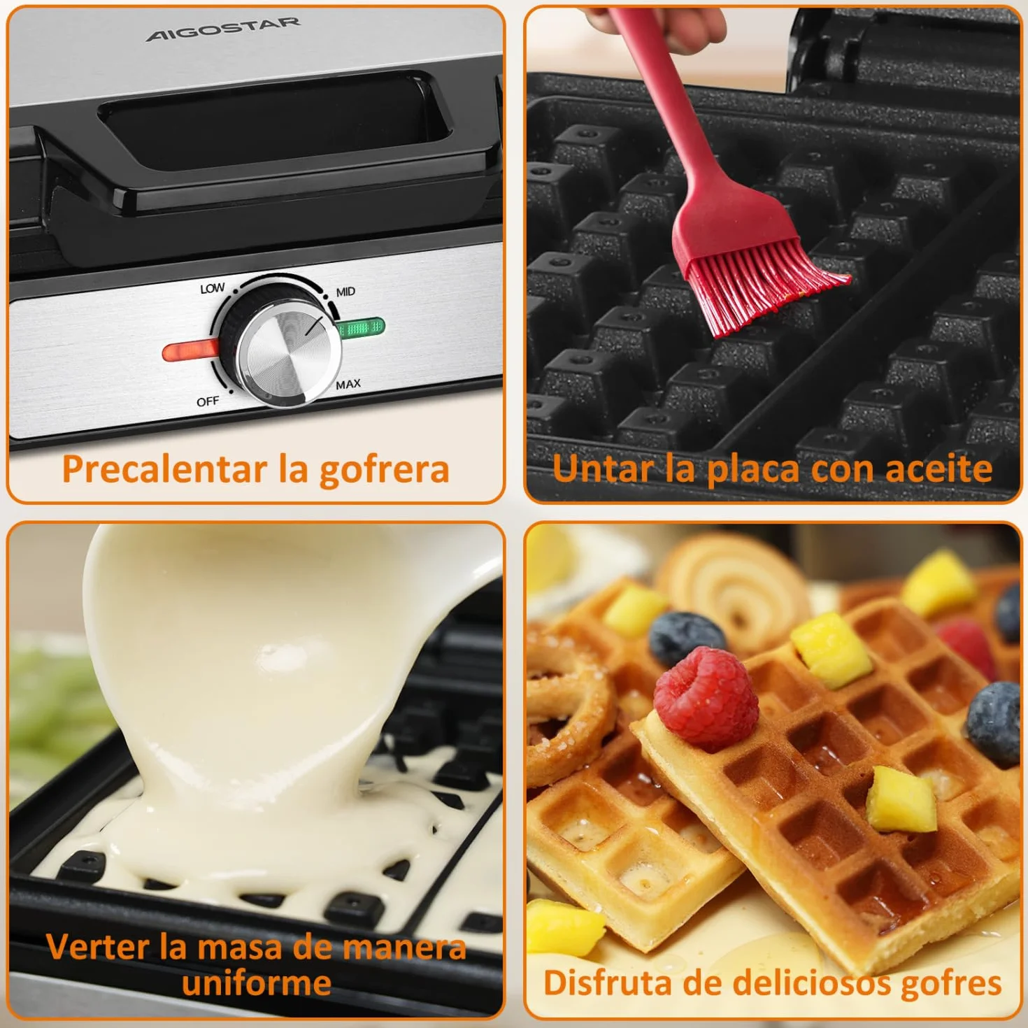 Aigostar Gofrera para 2 Gofres 1600W, Placas Hondas Antiadherentes, 20,2x17,2x2 cm, Temperatura Regulable e Indicador LED, Diseño Compacto, Libre de BPA, Acero Inoxidable y Negro, Savory