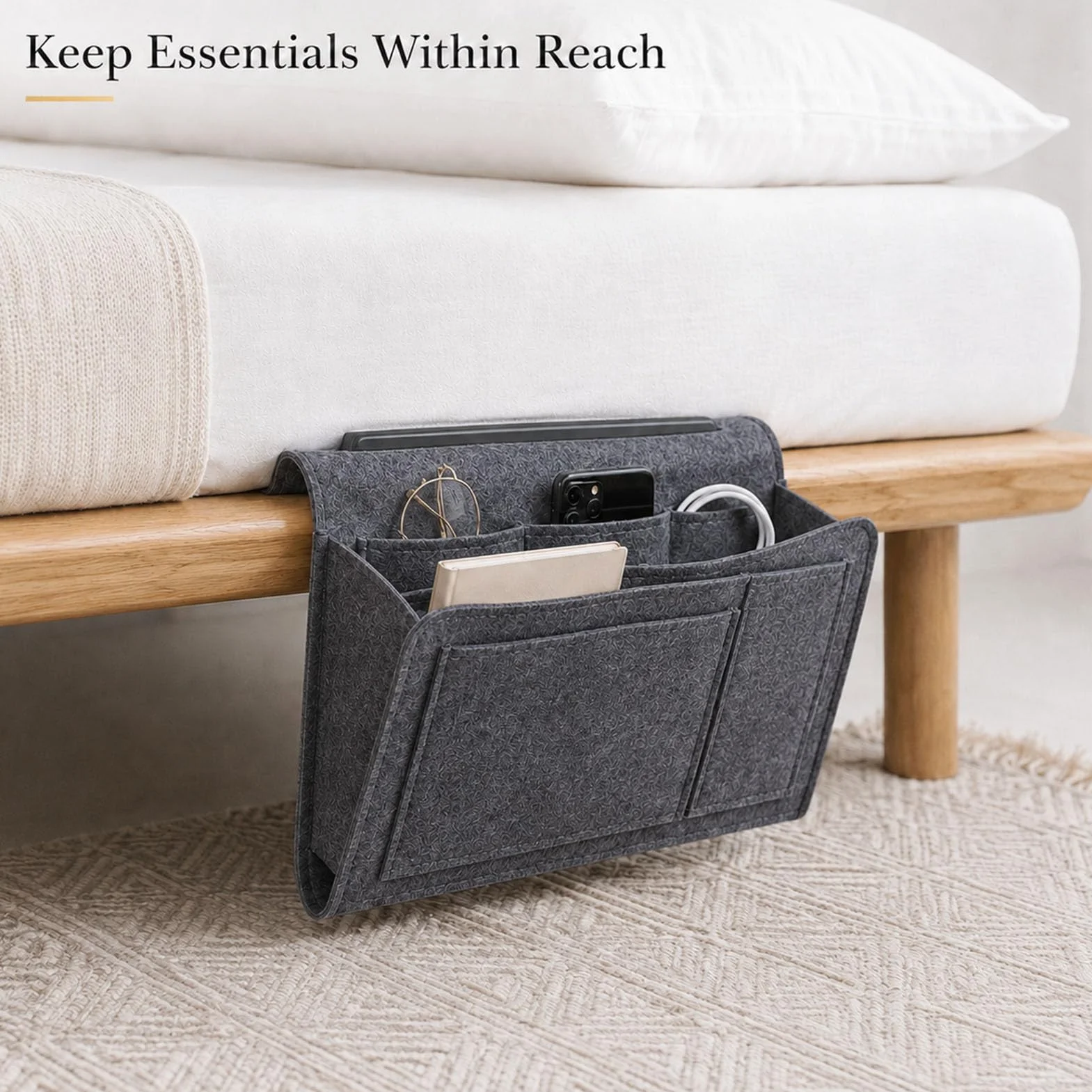 jiucare Organizador de cama de fieltro gris oscuro, bolsillo organizador lateral para cama con 5 compartimentos, porta mandos, móvil, gafas, cables, libros, tablet y accesorios para el dormitorio