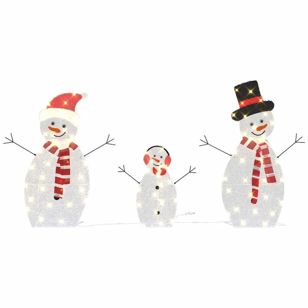 vidaXL Familia de Muñecos de Nieve Iluminados 3 pcs Cálido Poliéster, Sala, Decoraciones de Invierno USB Modernas, Adornos navideños, Luces Festivas y Figuras para el Exterior