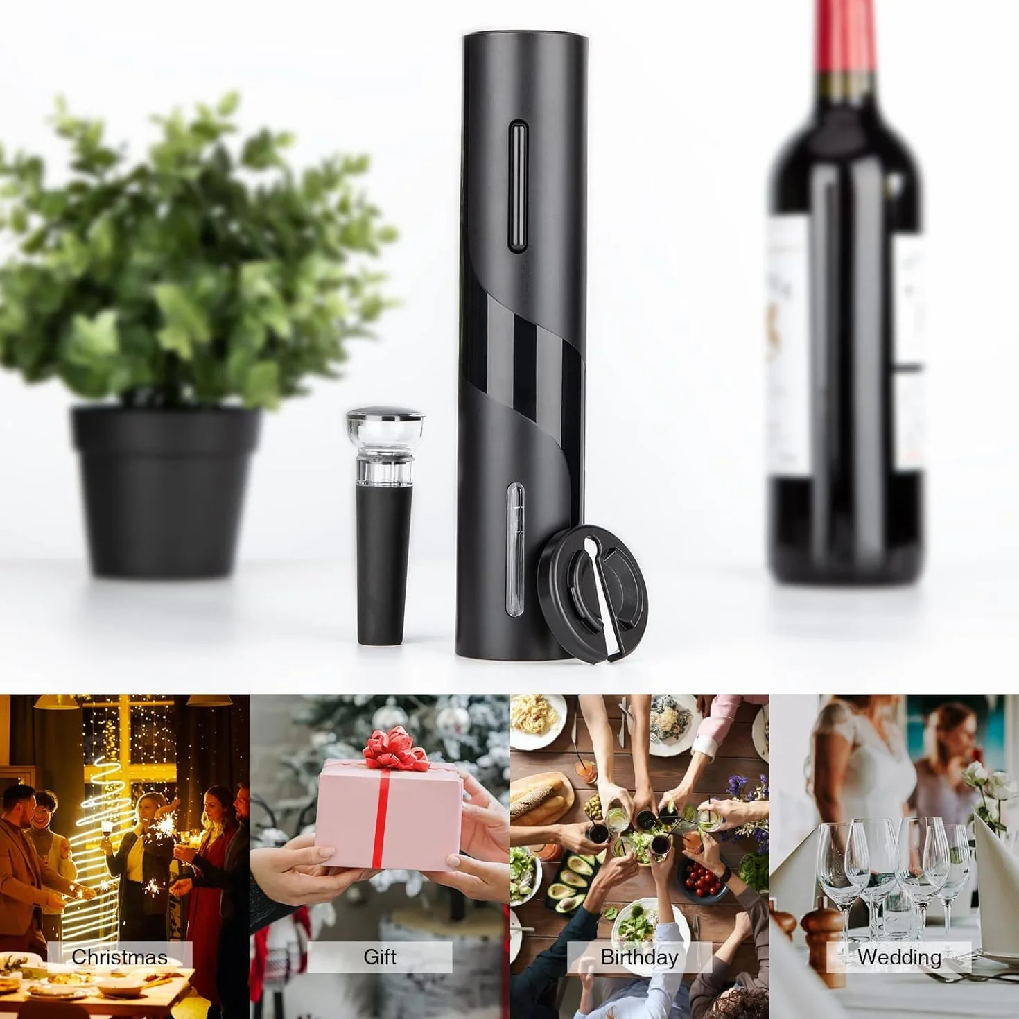 Sacacorchos eléctrico inalámbrico (3 en 1), Abridor de botellas del vino, abrebotellas con cortador de hojalata y bomba de vacío，Ideal para reuniones familiares, bares y regalos (1 pack)