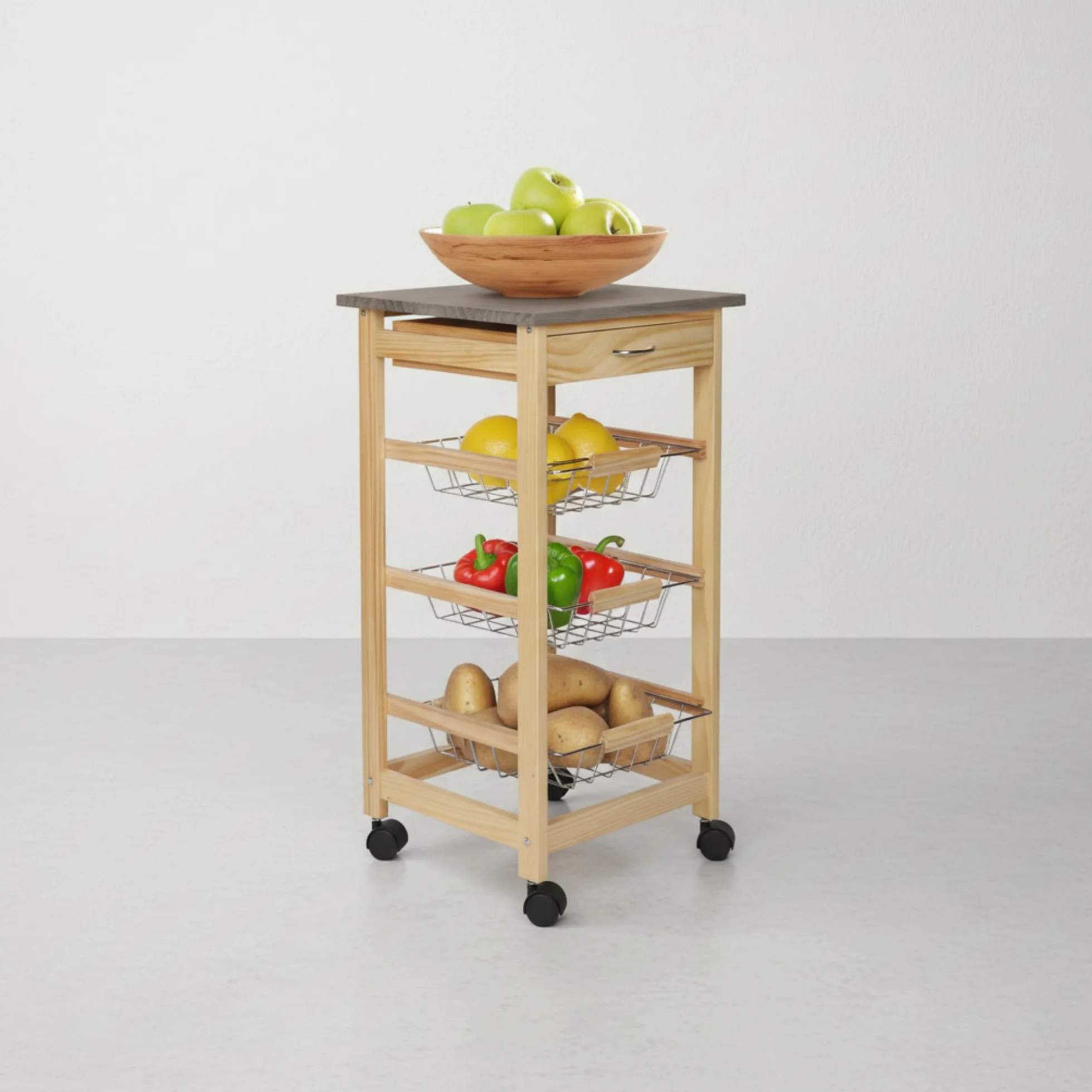 INDE MOBLEKIT | Carrito Auxiliar con Ruedas 3 Estantes con Cajón, Verdulero de Cocina en Madera Natural, Verdulero Práctico para Frutas y Verduras, Mueble Auxiliar de Cocina con Estantes