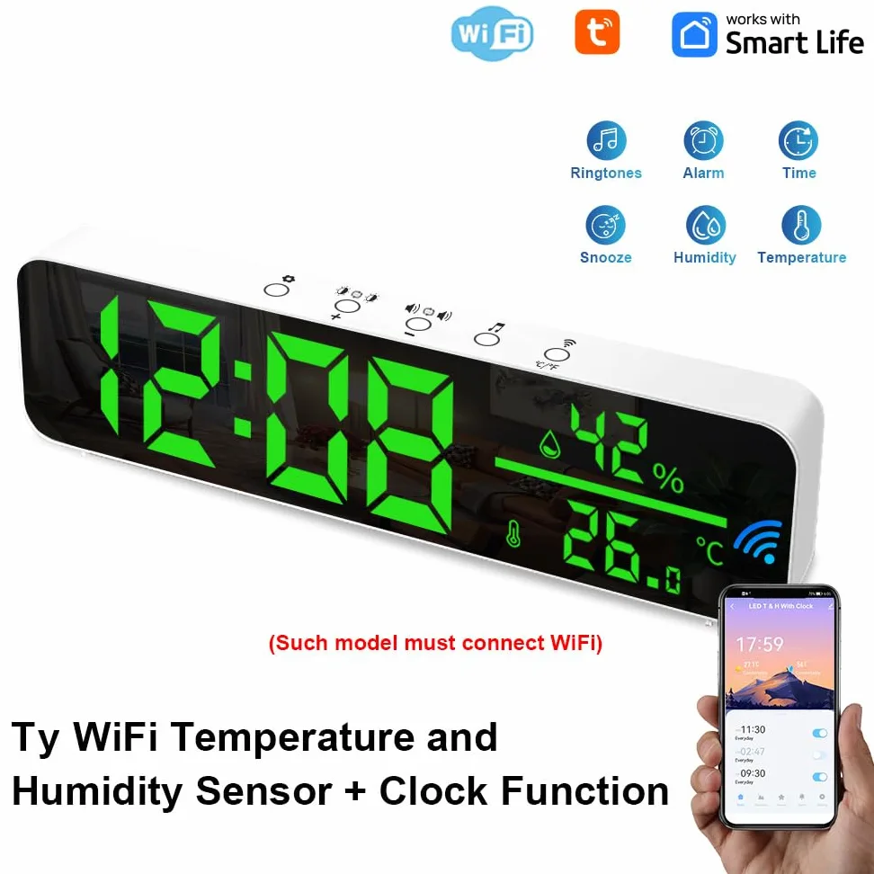 Reloj Digital Inteligente WiFi con Sensor de Temperatura y Humedad App Reloj Despertador Pantalla de Tiempo LED Termómetro Interior para Sala Estar Dormitorio Blanco