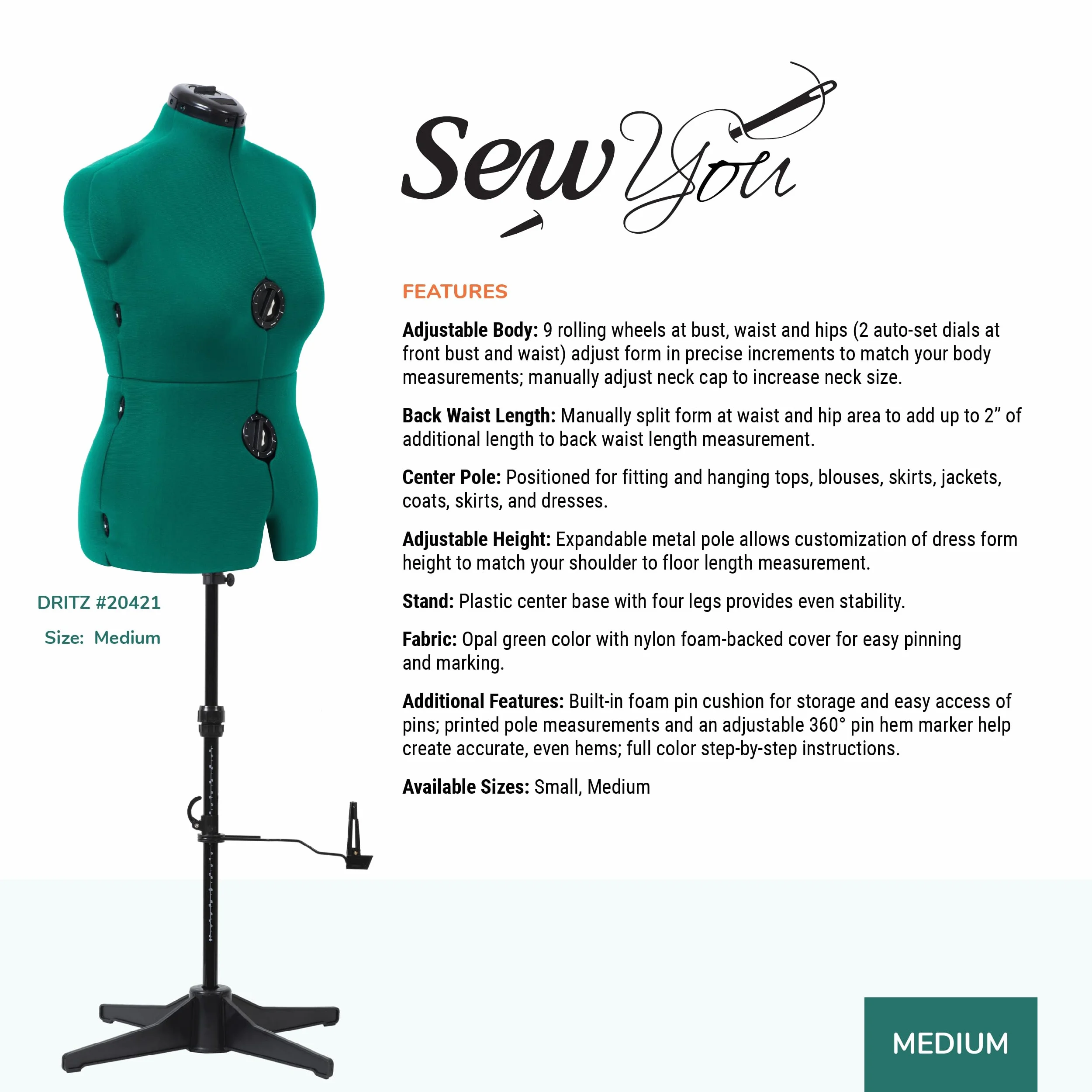 Dritz Forma de Vestido Ajustable, Verde ópalo, M