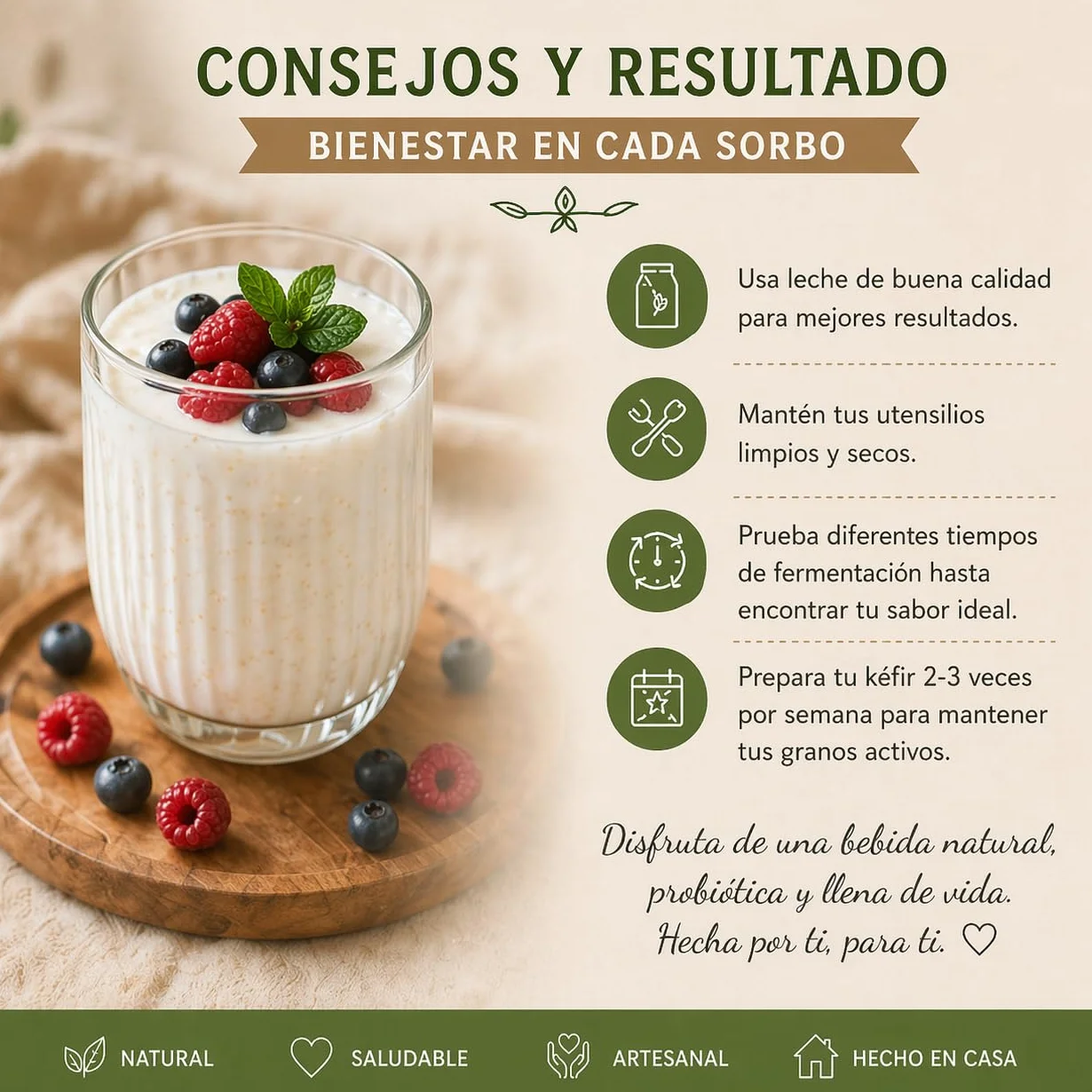 Kit kefir casero - MAGIC RAINBOW - Tarro de cristal con tapa 750 ml colador plástico cuchara madera paño textil y caja de inicio para preparación doméstica - Sin kéfir incluido