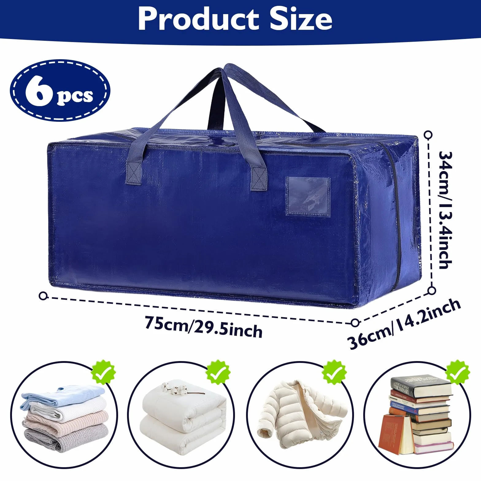 Pack de 6 Grande Bolsa de Almacenamiento de Poliéster, Impermeable Bolsas de Mudanza con Cremallera y Asa, Cajas de Mudanza de Gran Capacidad para Ahorrar Espacio y Embalar, Azul