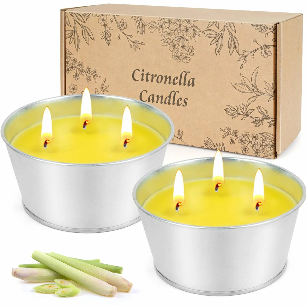 Lote de 2 Velas Grandes de Citronela - 120 Horas de Duración con 3 Mechas Vela Aromática de Cera de Soja Natural de Duración - Ideal para Jardines, Terrazas, Camping e Interiores