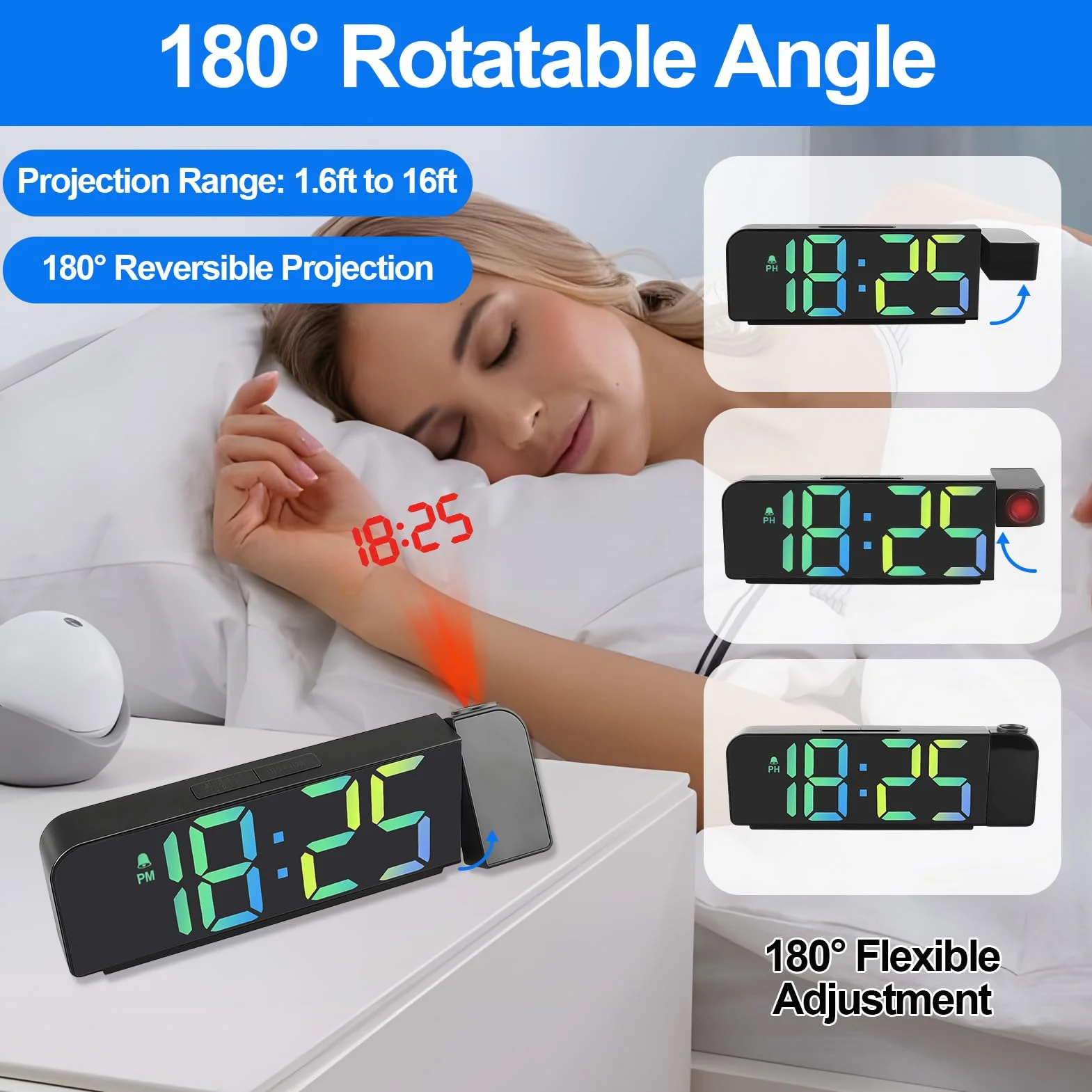 Reloj Despertador de Proyección Digital, 180° Pantalla LCD Grande con Proyector, Temperatura, 3 Niveles de Brillo, Modo nocturno, 19.5cm Alimentación por USB, 12/24 h, para Niños, Ancianos(Noir)