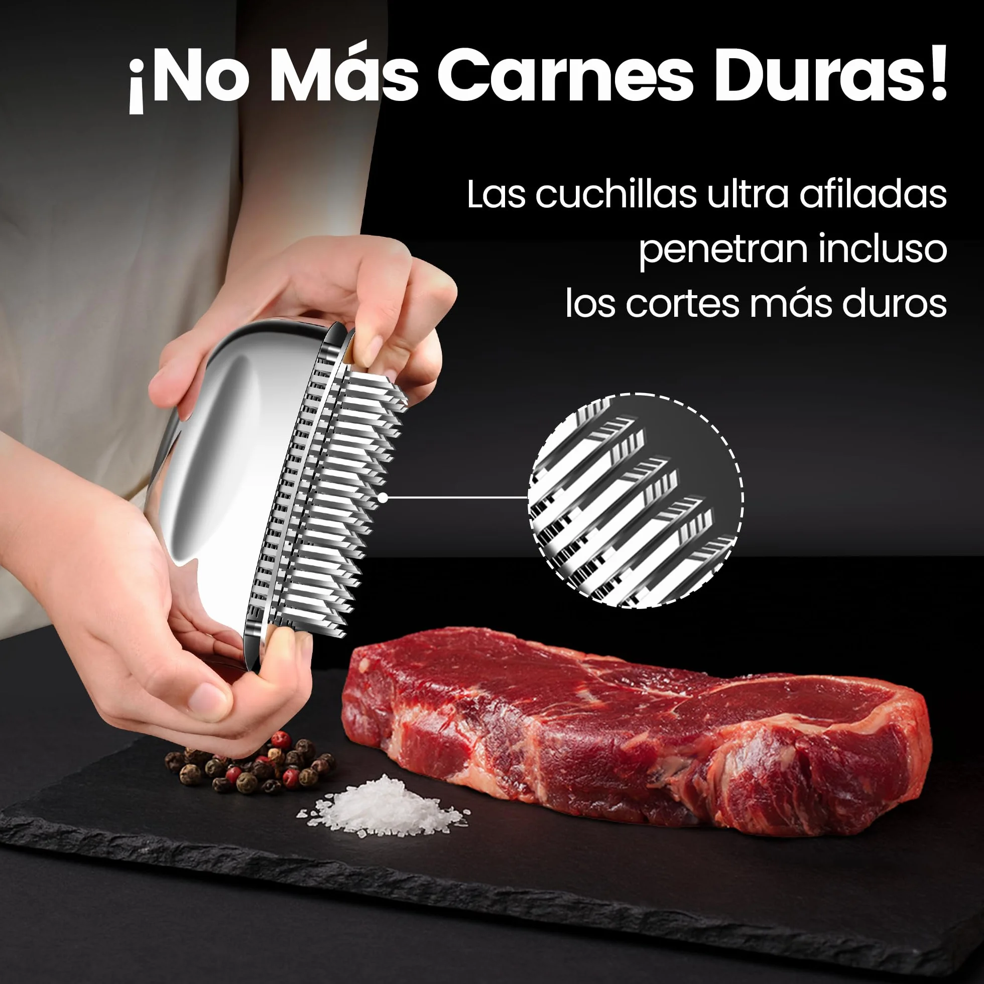 Ablandador de carne de acero inoxidable con agujas ultra afiladas – Herramienta profesional para ablandar carne de res, pollo, cerdo y ternera – Mango ergonómico – Fácil de limpiar