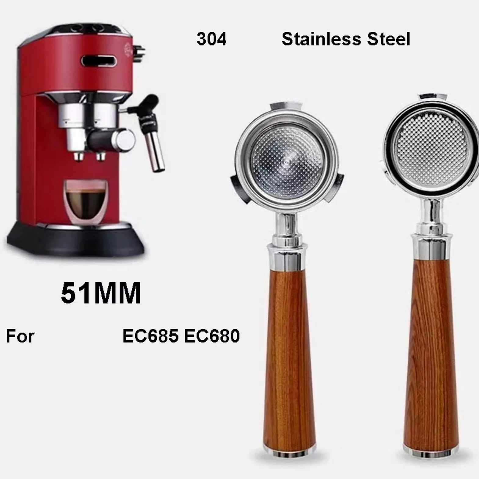Portafiltro Compatible Con De'Longhi Dedica EC680/EC685. | Portafiltro sin fondo de 51 mm y 3 orejas con mango de madera - Cesta de filtro de repuesto for barista(B.230X51mm)