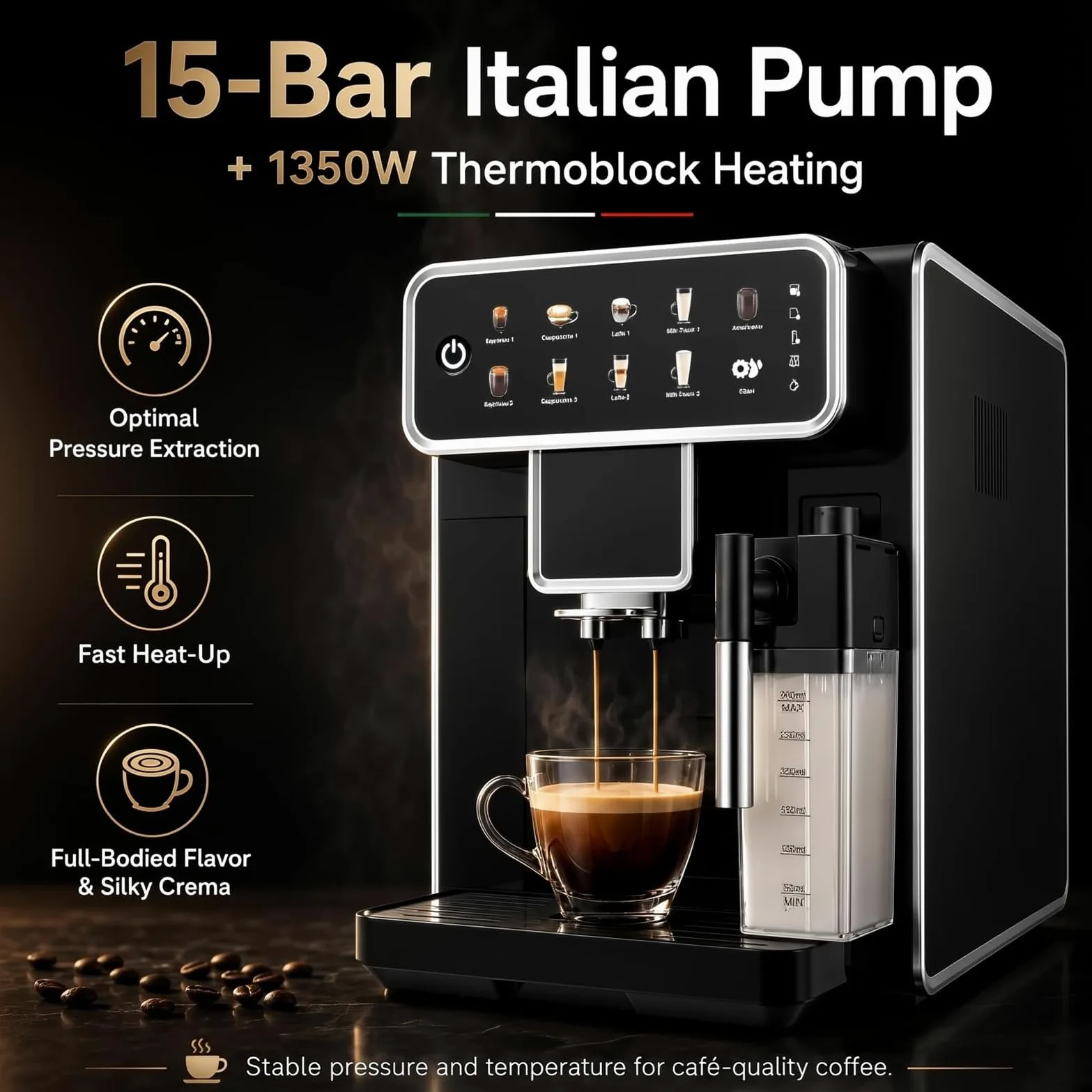 Máquina De Café Espresso Con Bomba De 15 Bares Y Espumador De Leche Con | Cafetera Espresso Automática Con Molinillo De Granos Calentamiento De 1350W Depósito De Leche Sistema De Limpieza(A)