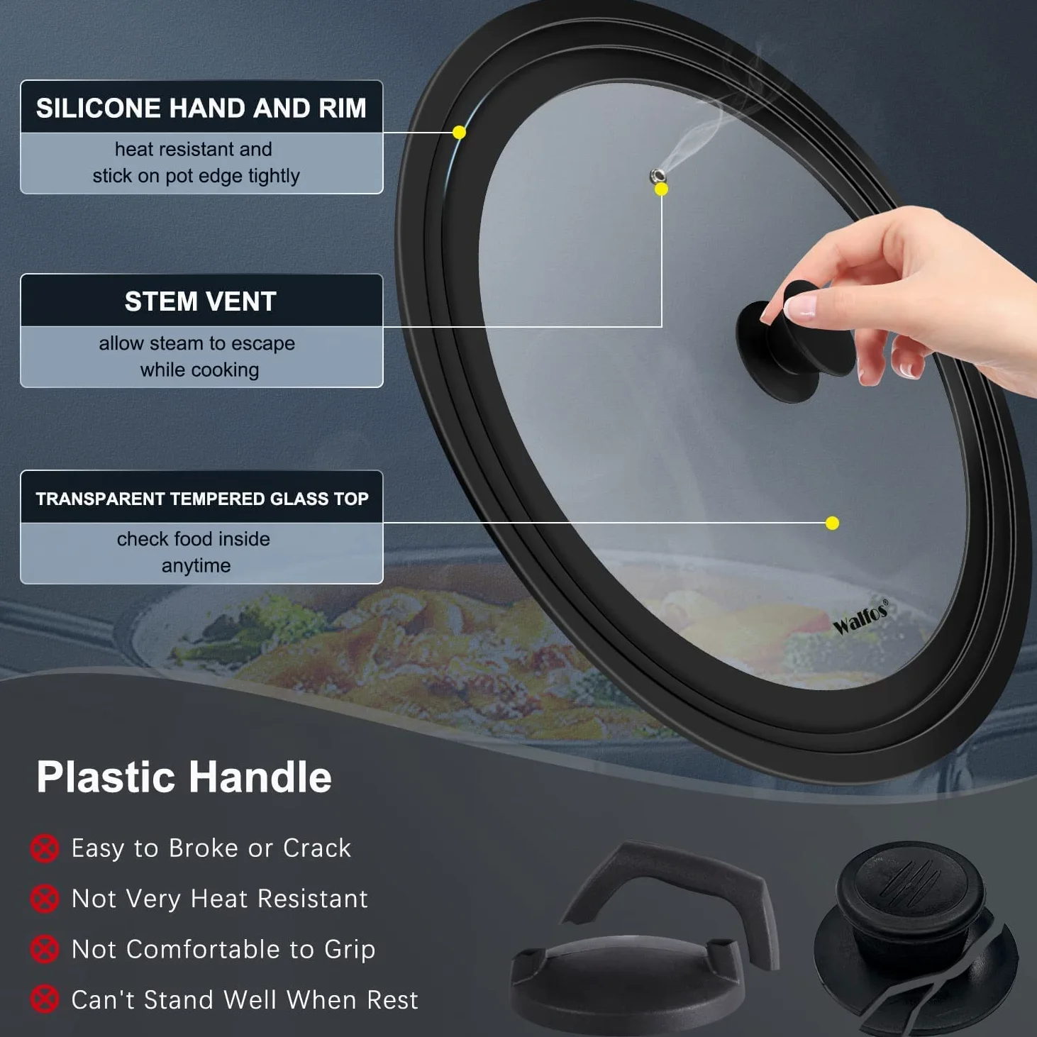 Walfos Tapa universal para ollas, sartenes y sartenes. Se adapta a utensilios de cocina de 33 cm, 36 cm y 38 cm de diámetro, tapa de vidrio con borde de silicona resistente al calor, (negro)