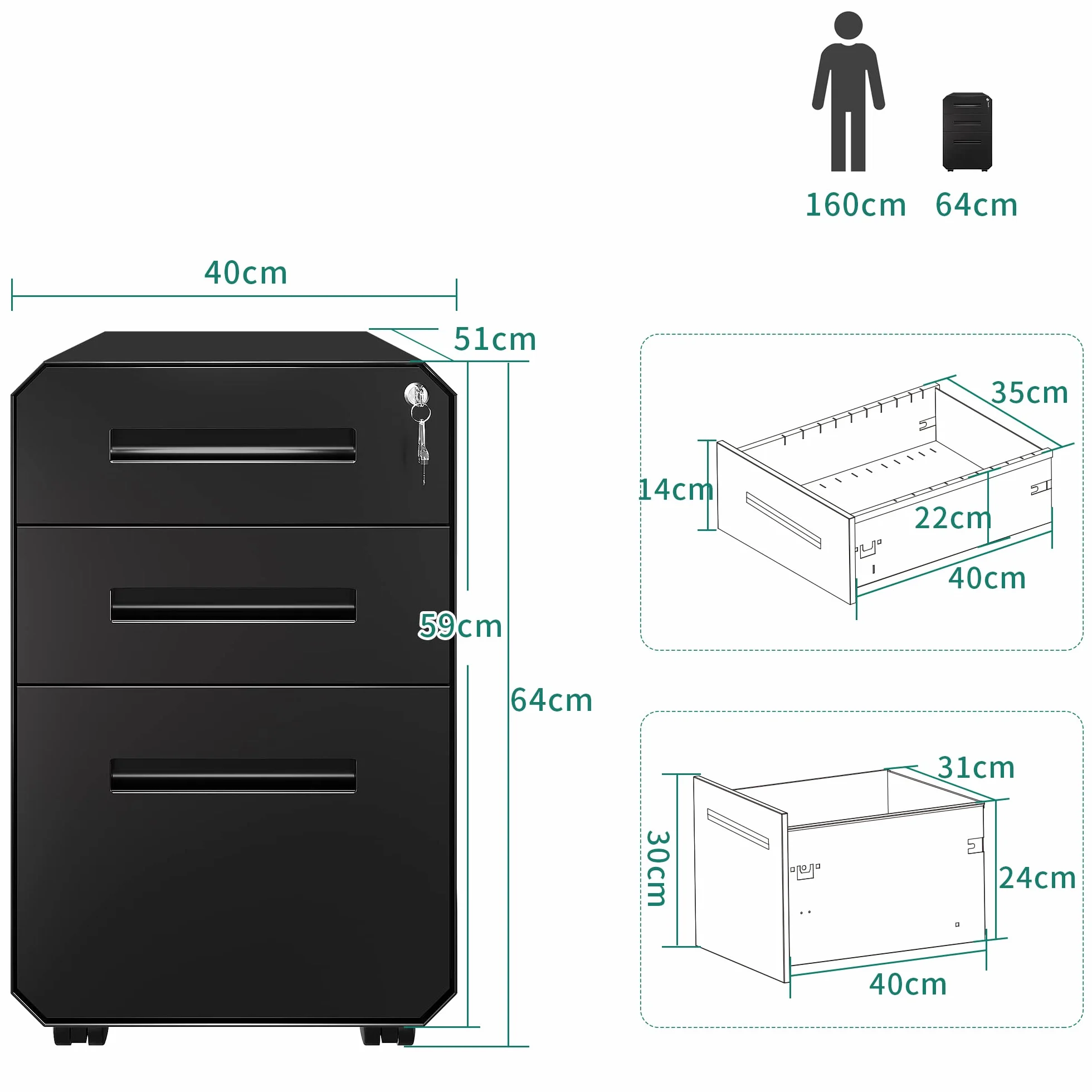 YITAHOME Armario Archivador con 3 Cajones, Cajonera de Oficina Móvil con Ruedas, Metalico Mueble Oficina Archivador con Cerradura y Llave para Carta/A4, Negro, 51 x 40 x 64cm