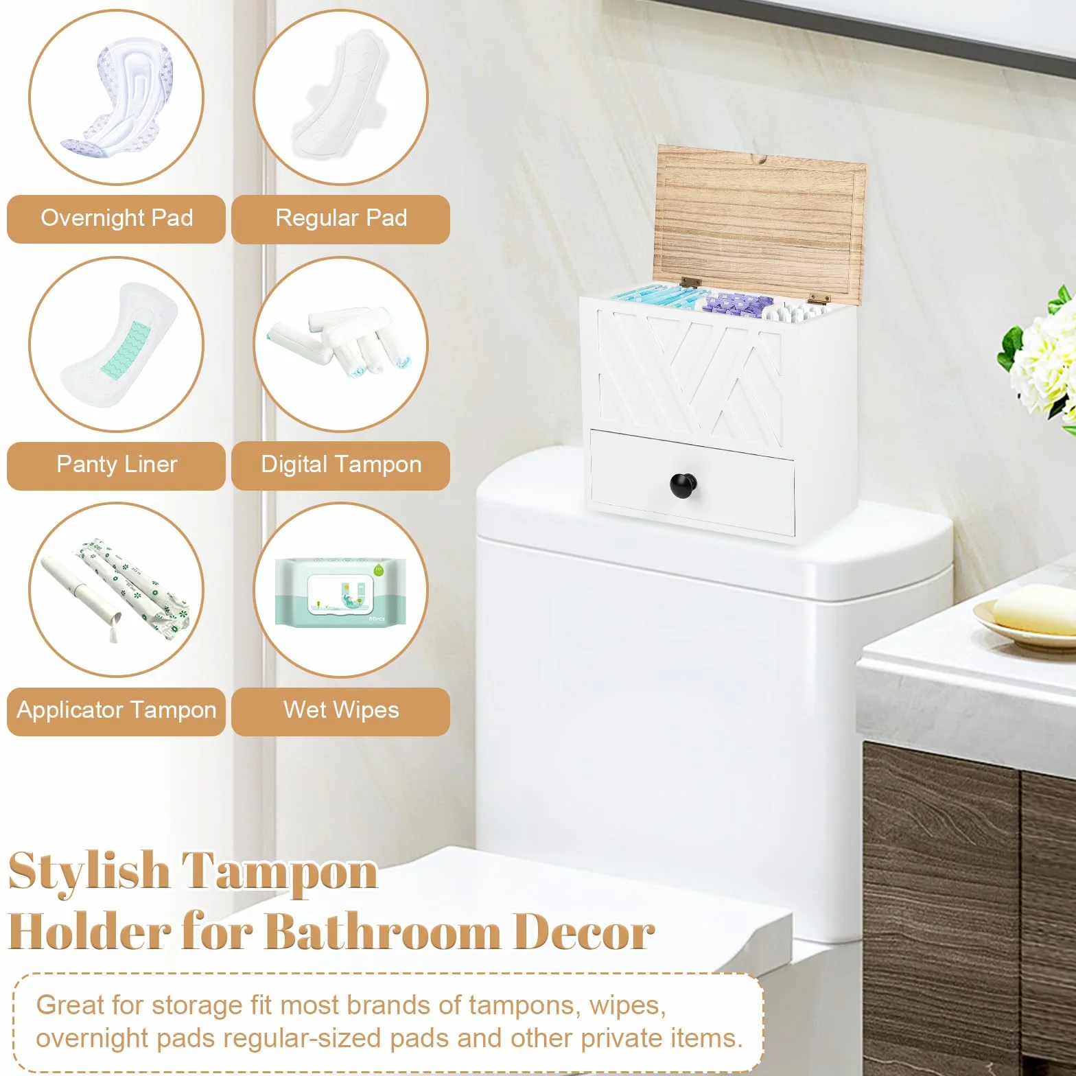 3 Compartimentos Caja Organizadora Compresas, Guarda Compresas y Tampones con Tapa Diseño Cajones para Salvaslips de Madera, para Artículos de Higiene Íntima para Niñas, Mujeres y Señoritas (Blanco)