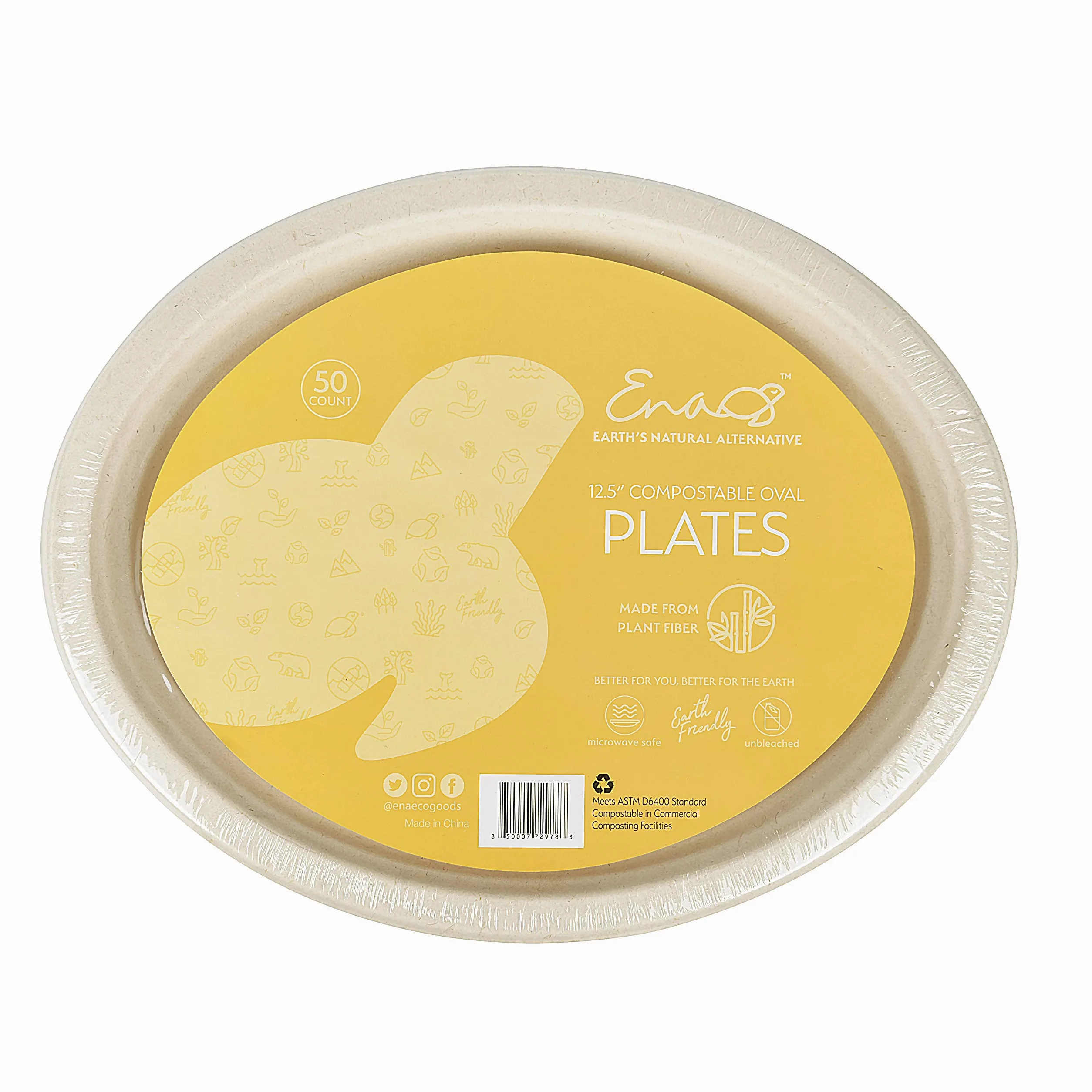 Platos de papel desechables 100% compostables a granel [Paquete de 50 unidades ovaladas de 12.5 pulgadas], platos de bambú, ecológicos, biodegradables, resistentes, platos grandes para cena