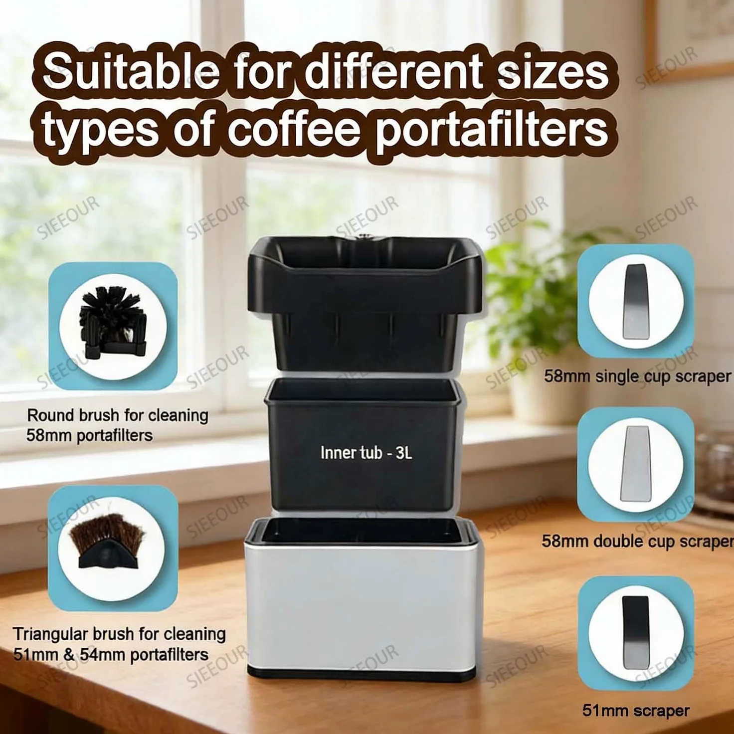 Máquina limpiadora de portafiltros de café eléctrica, dispositivo automático de limpieza de suelo con cepillos duales, 340 RPM, se adapta a 58 mm y 51 mm, ideal para uso comercial y doméstico