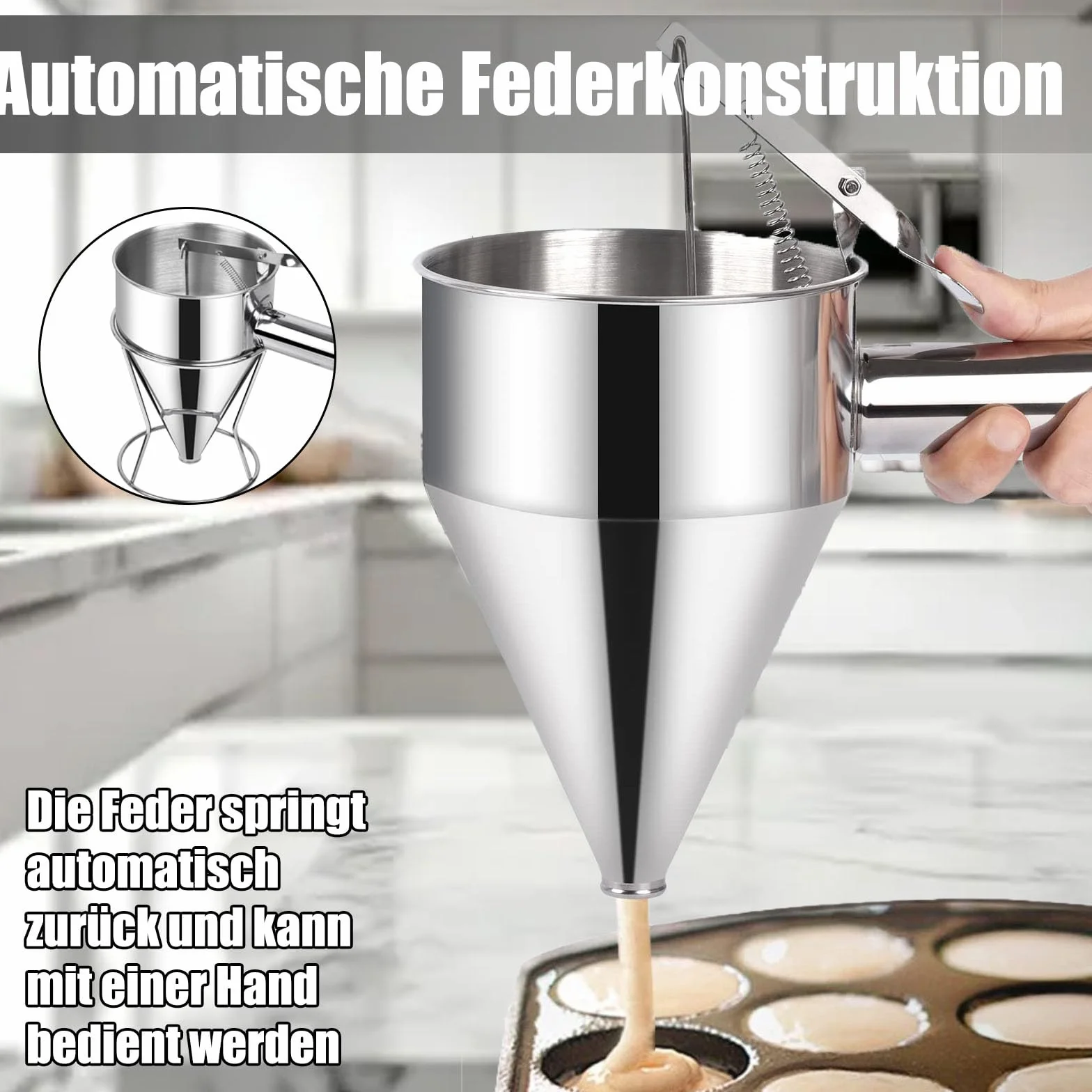 Acero Inoxidable Dispensador de Masa 1200ml, Dosificador de Masa para Panqueques, Dispensador de Masa con Soporte, Soporte y 4 Boquillas Diferentes para Panqueques