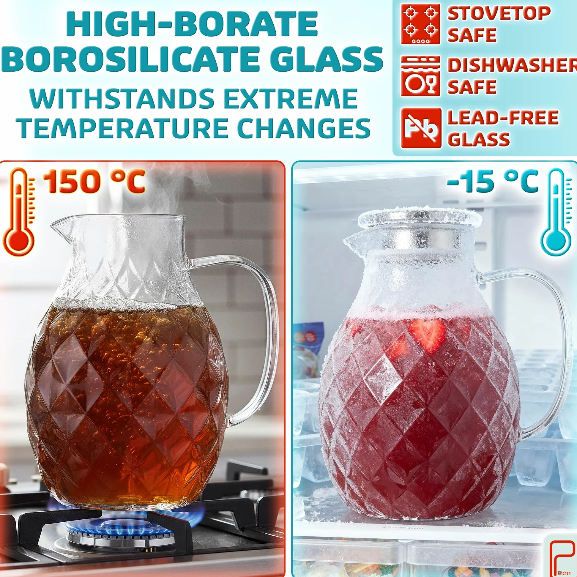 Premium Jarra de Vidrio Borosilicato + Tapa + Boquilla - 2 Litros, Pack de 2 - Jarra de Agua de Borosilicato con Asa - Jarra para Bebidas Calientes/Frías - Jarra para Té Helado