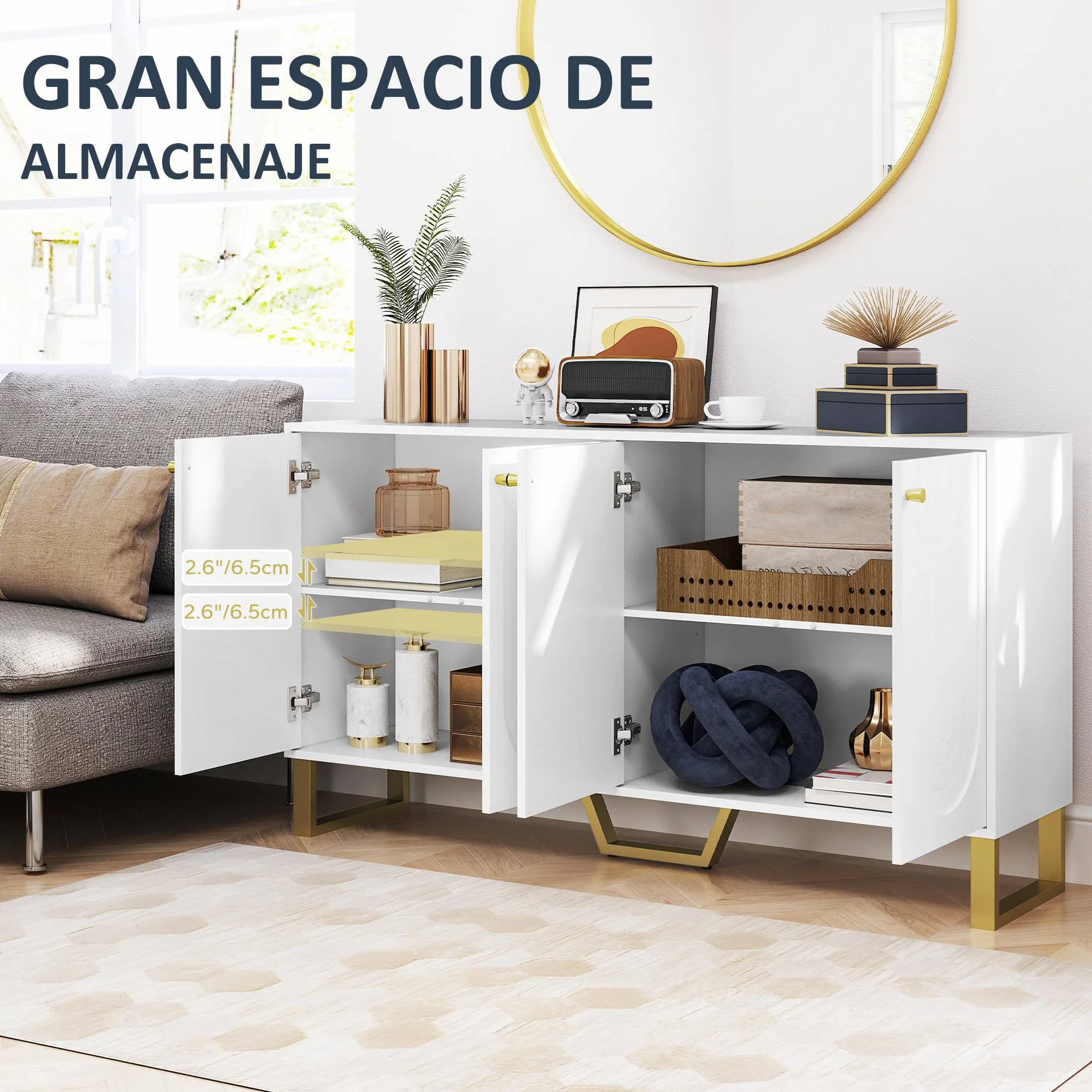 HOMCOM Aparador 4 Puertas Aparador para Salón Moderno con Estantes Ajustables y Patas Doradas para Comedor Entrada Mueble para TV hasta 65 Pulgadas Blanco 140,8x35x77,5 cm