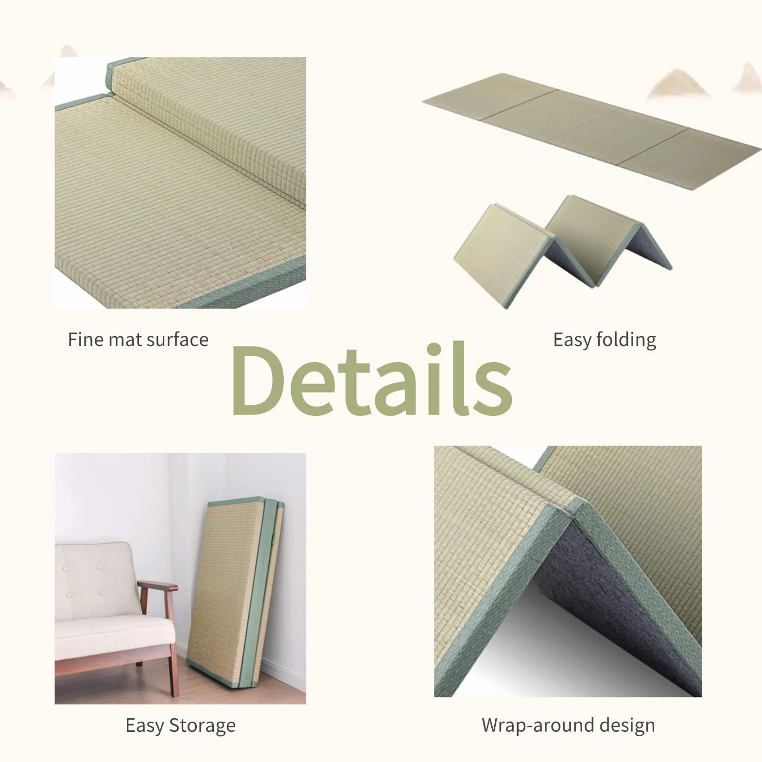 Tradicional Japonesa Tatami, futón Verde 100％ Natural de Rush Hierba(sin Teñir),a 4 Pieghe,para la meditación Yoga Zen Room japonés Tearoom,3.5cm Grueso(Size:90×200×3.5cm)