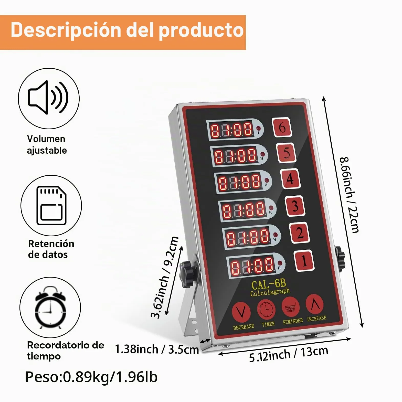 Temporizadores de Cocina de 6 Canales, Reloj de Cocina para Restaurantes Comerciales, Cronometro Digital Profesional, Pantallas LED, Fuertes Sirenas, Volumen Regulable, Función recordatorio