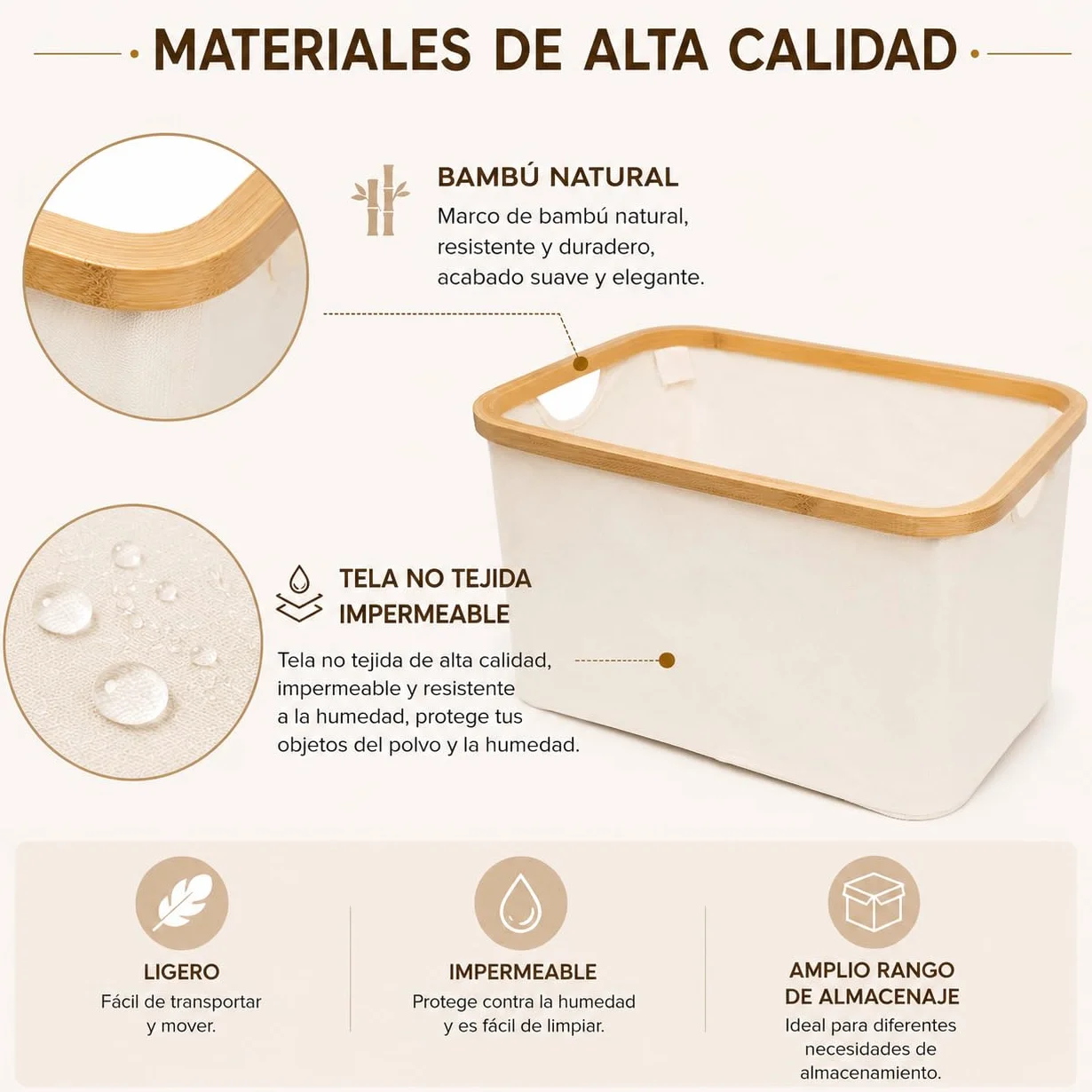 Cesta plegable para la colada 30L - Cesta resistente al agua para ropa seca y mojada - Cesta para ropa y sábanas - ideal para lavandería, baño y dormitorio -RS22111-1 - 45x30x24.5cm-Blanco
