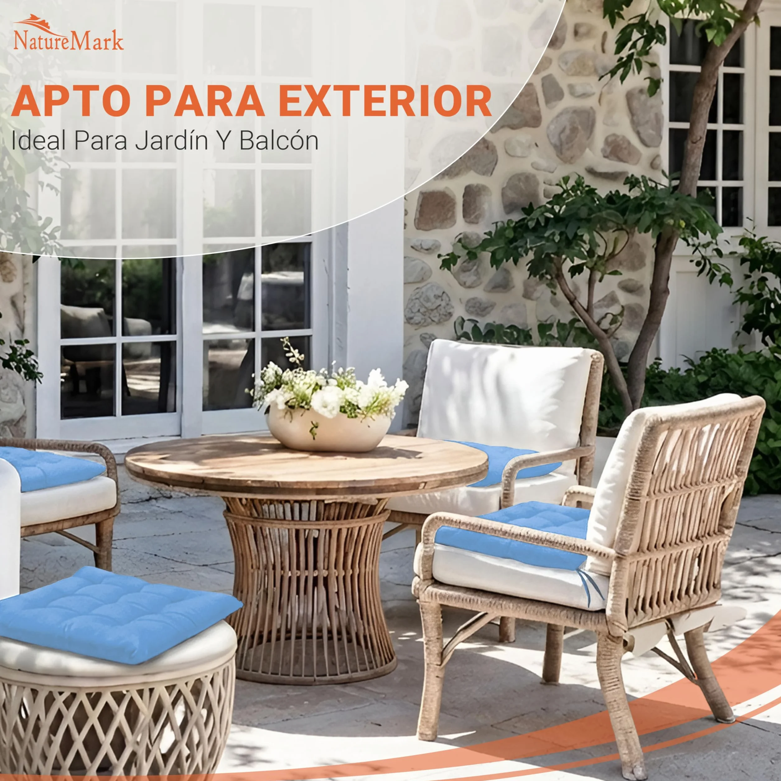 NatureMark Set de 4 Cojines para Sillas con Lazos 40x40 cm – Cojín de Asiento Relleno para Cocina, Jardín y Terraza – Color Azul Claro