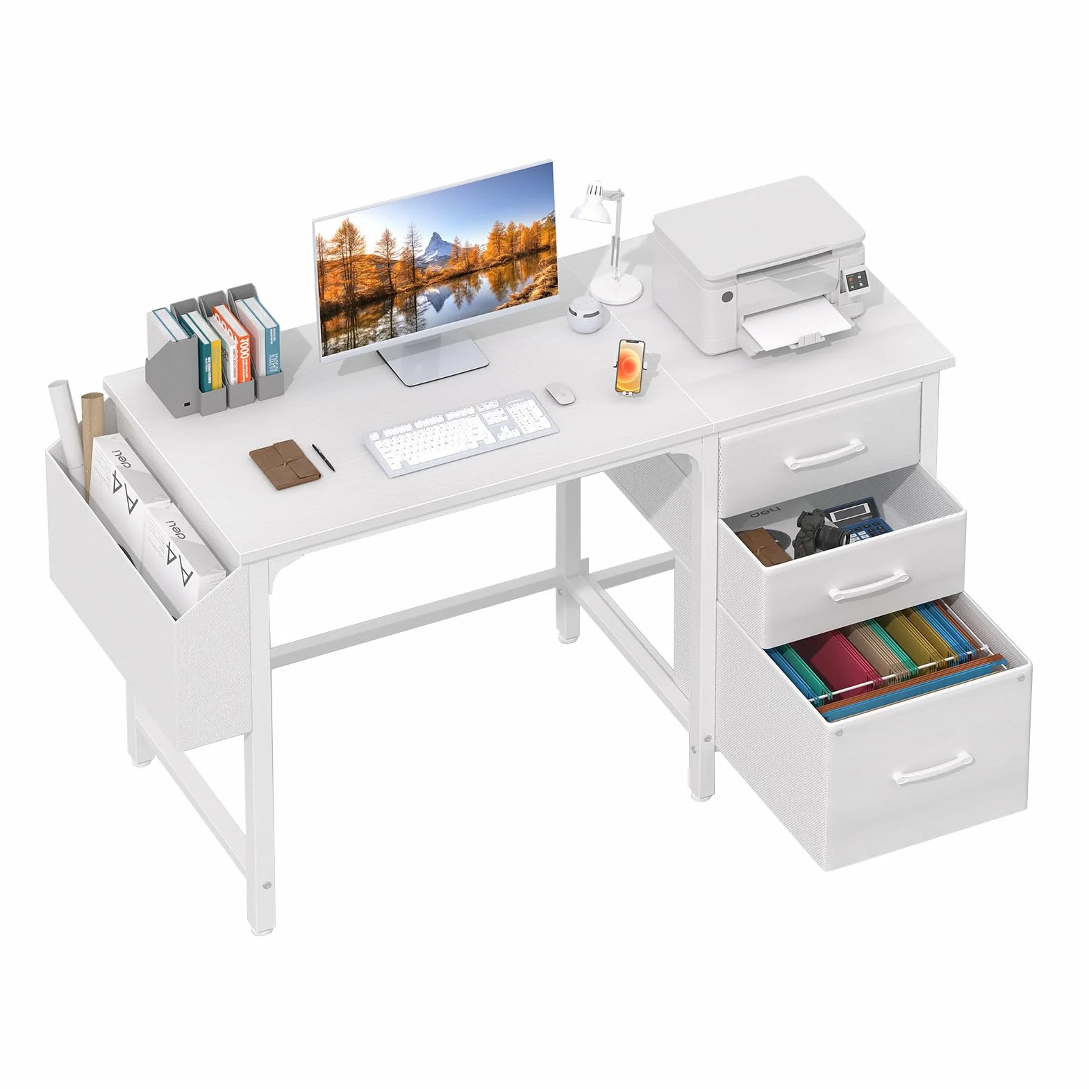 Lufeiya Mesa Escritorio Blanco con 3 Cajones Mesa Escritorio Ordenador Pequeña 120CM para Oficinas Gaming Nña Juveniles
