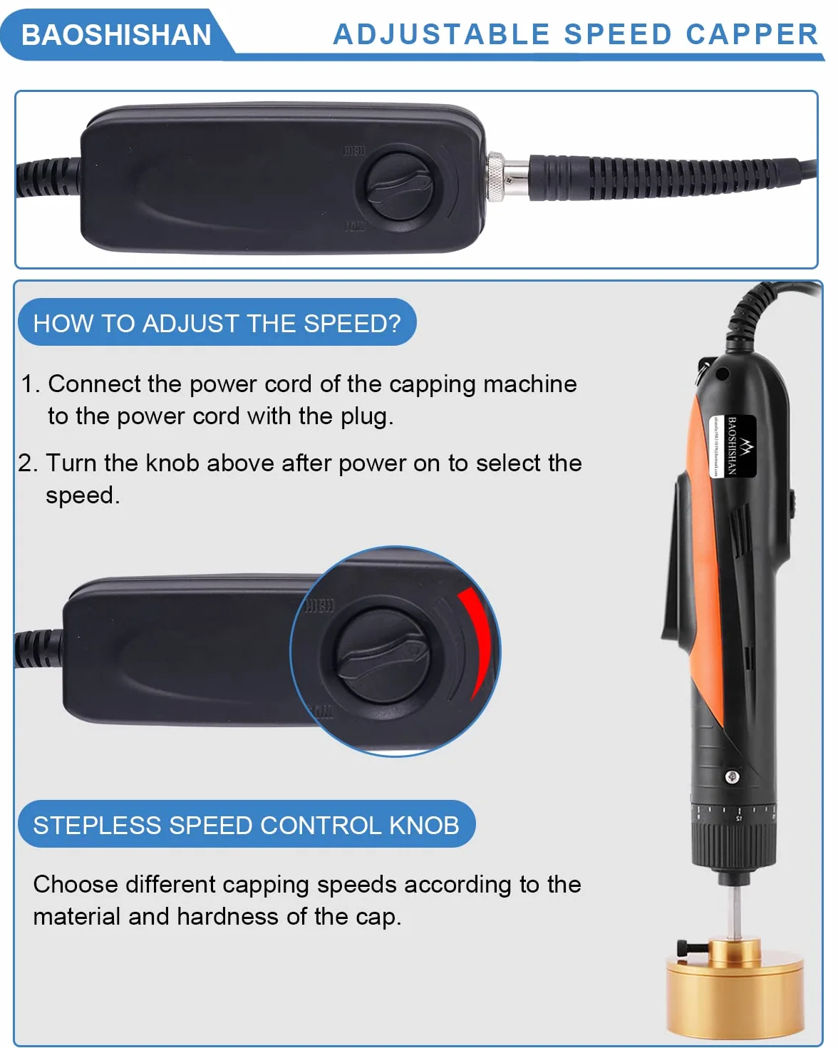 BAOSHISHAN Máquina taponadora eléctrica de botella con control de velocidad, tapadora de tornillo de mano, velocidad de 500-1000 RPM para tapas de botellas de 10-50 mm