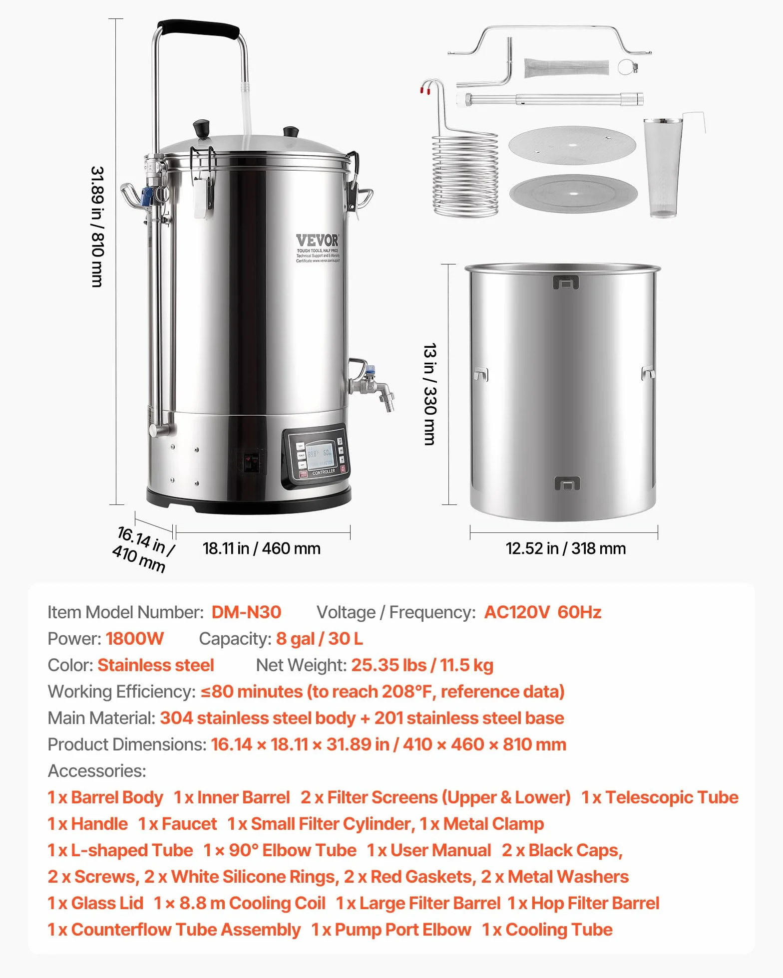 VEVOR Destilacion para Alcohol 30 L Olla De Acero Inoxidable para Cerveza 100-2500 W Destilacion para Alcohol 42 x 35,5 x 82 cm Pantalla LCD con Múltiples Funciones, Bomba de Circulación para Cocina