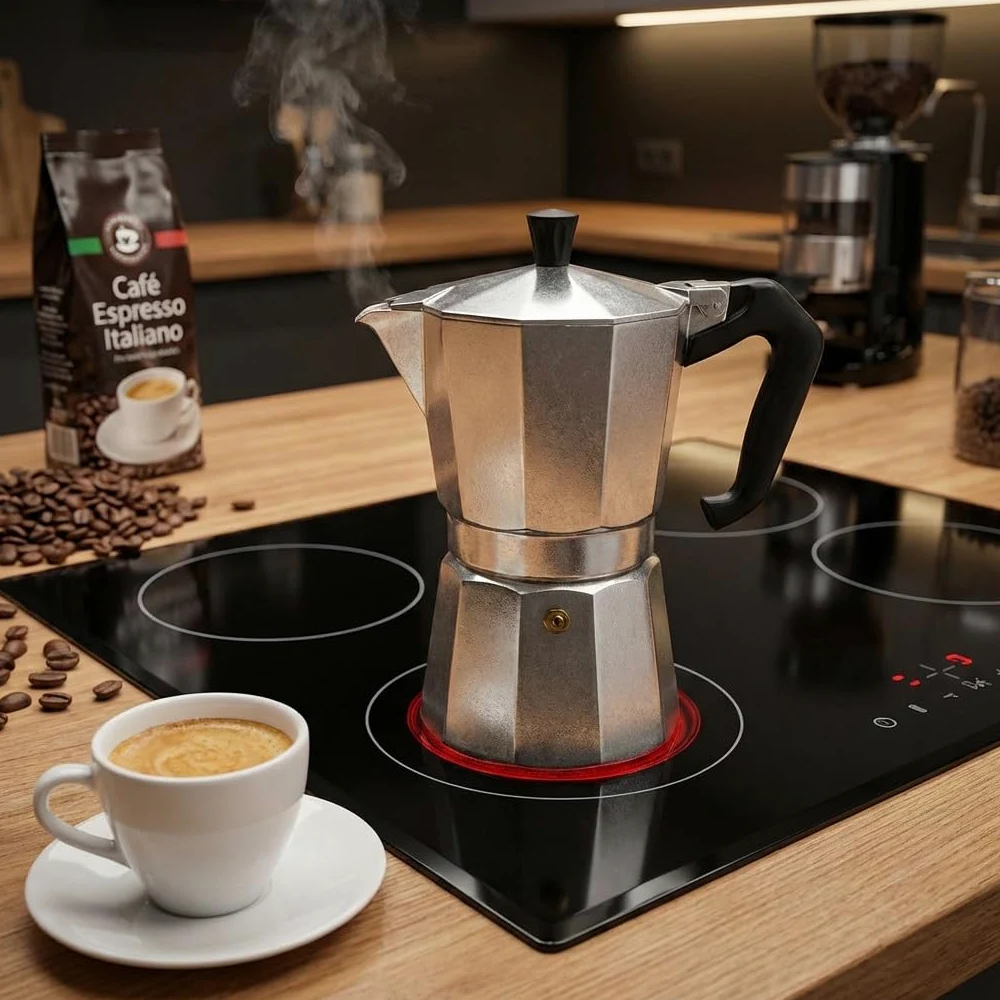 Suinga CAFETERA CLÁSICA ITALIANA de inducción de aluminio duradero y resistente. Capacidad de 9 tazas. Color Gris