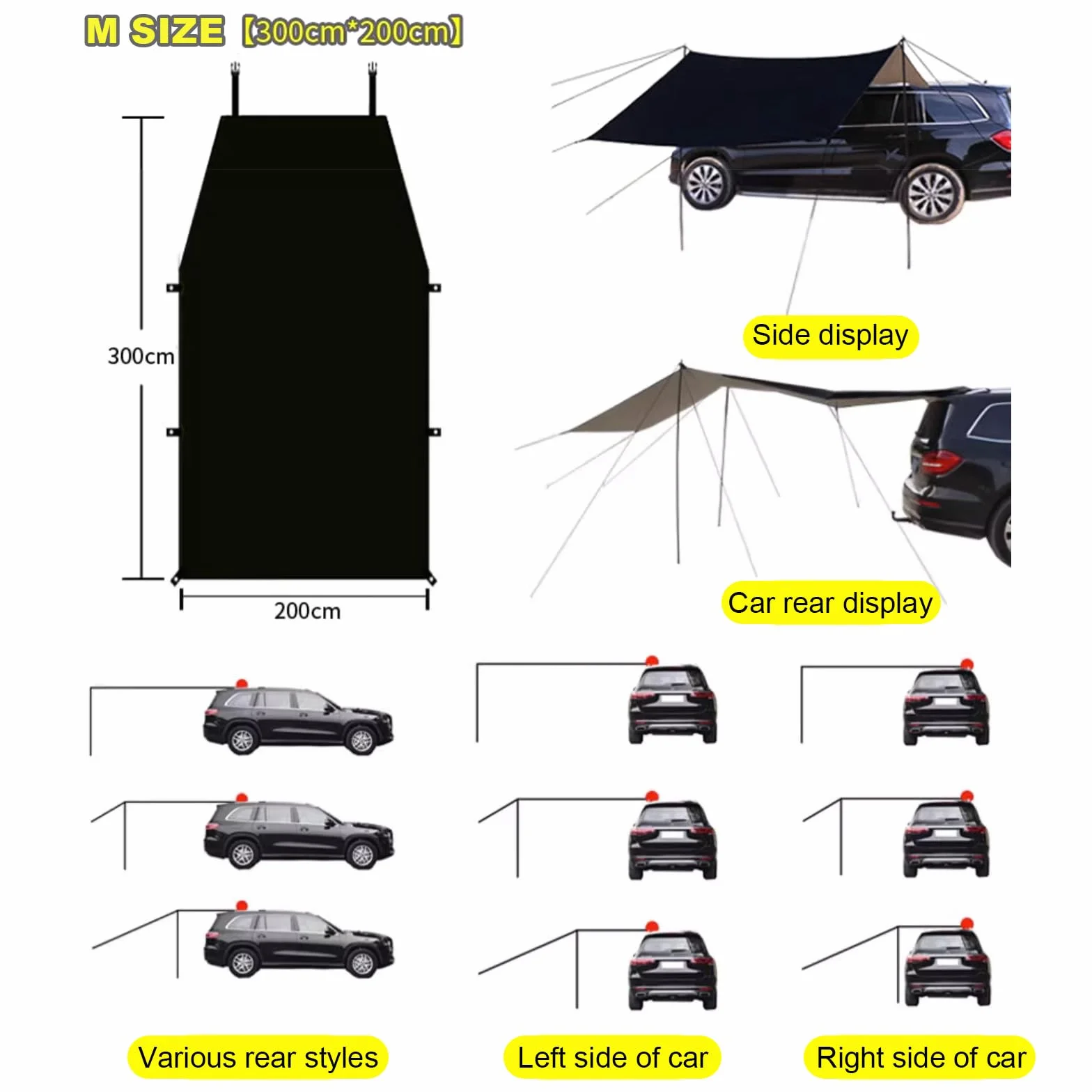 Toldo universal impermeable para coche 200-300 cm protección UV+50 con barras y refuerzos
