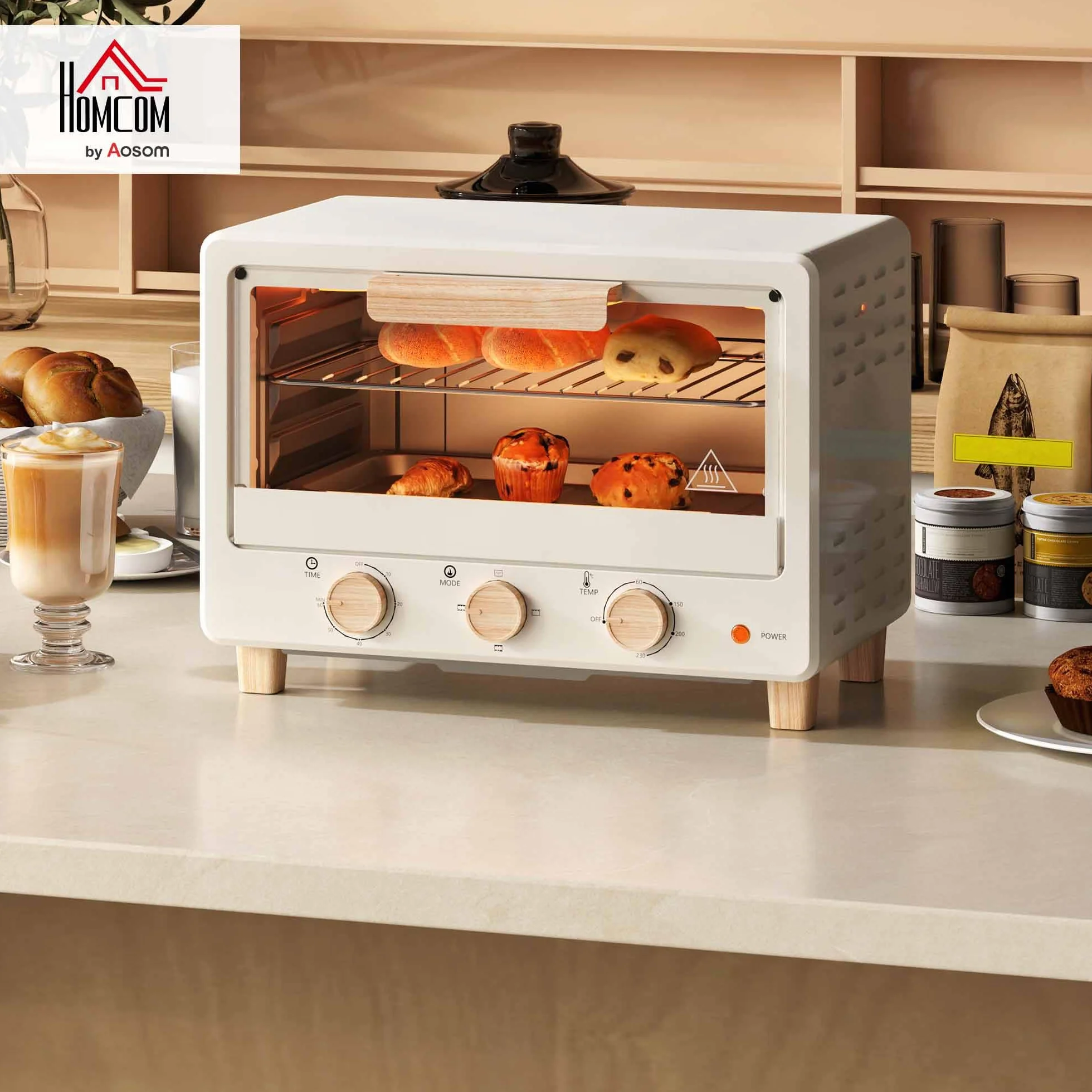 HOMCOM Horno Eléctrico de Sobremesa 16L 1400W con Puerta de Vidrio Temporizador y Temperatura Ajustables hasta 230℃ Crema