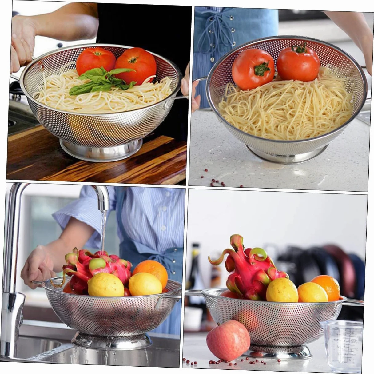 Colador de Acero Inoxidable con Asas, Malla Fina para Cocina | Plata, Doble Asa y Orificios Finos, para Enjuagar Arroz y Escurrir Alimentos