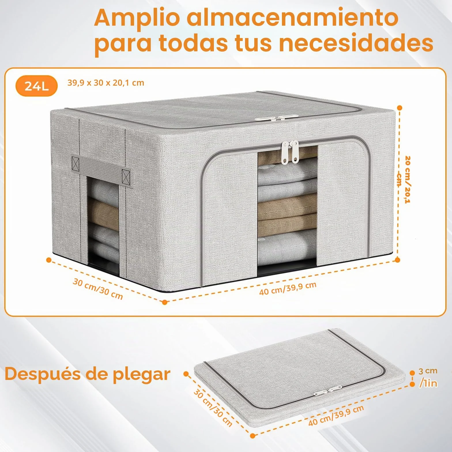 3 Piezas 24L Cajas Almacenaje Ropa Con Marco De Metal, Organizador Armario Apilable, Cajas De Almacenaje De Ropa Bolsa Para Guardar Ropa Plegable Para Ropa De Temporada Y Ropa De Cama Gris