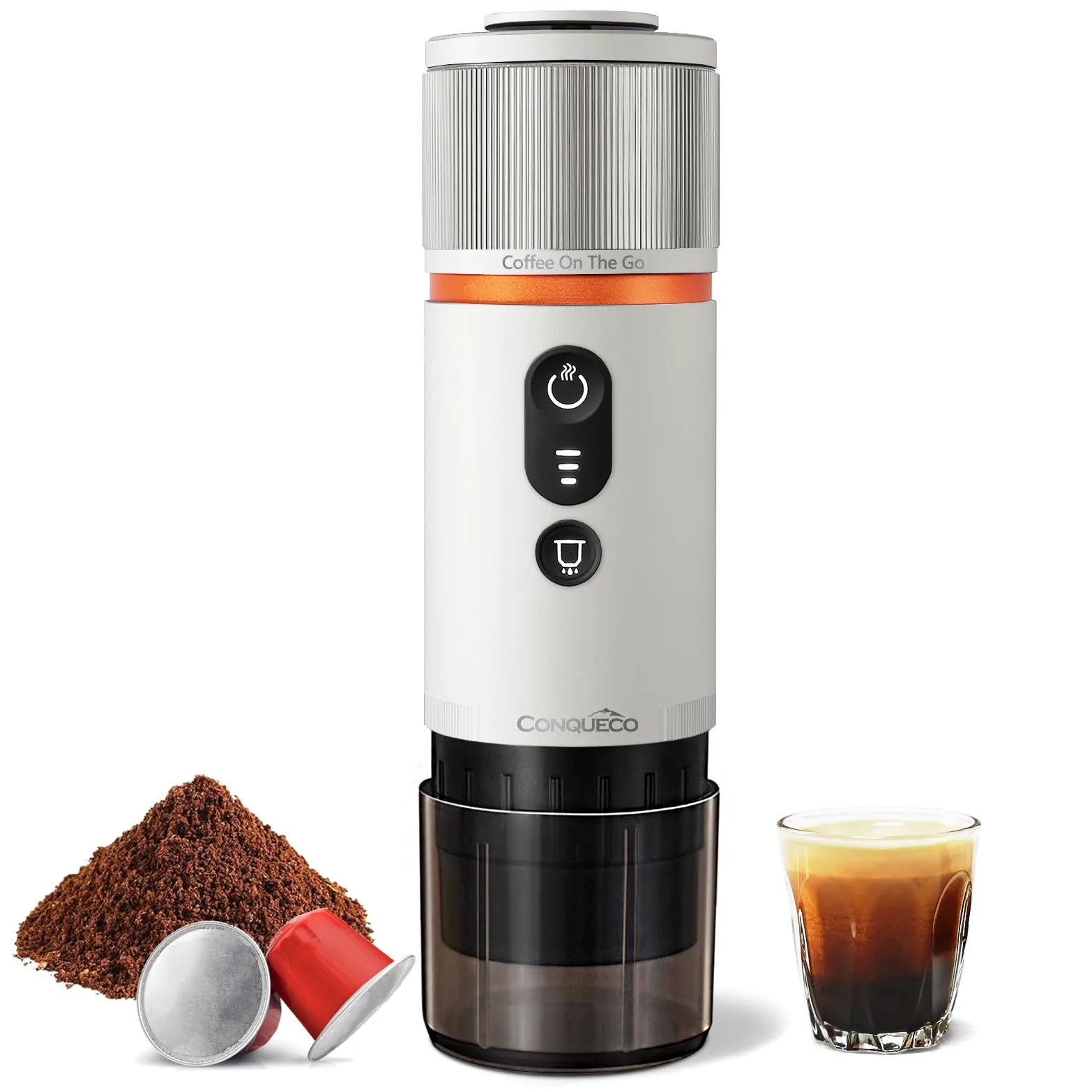 CONQUECO Cafetera Portátil con Cápsula de Espresso - 12V Máquina de Café Electrica con Batería - para Coche Camión y Viajes - Compatible con Cápsulas Originales Nespresso y Cápsula L'or（Blanco）