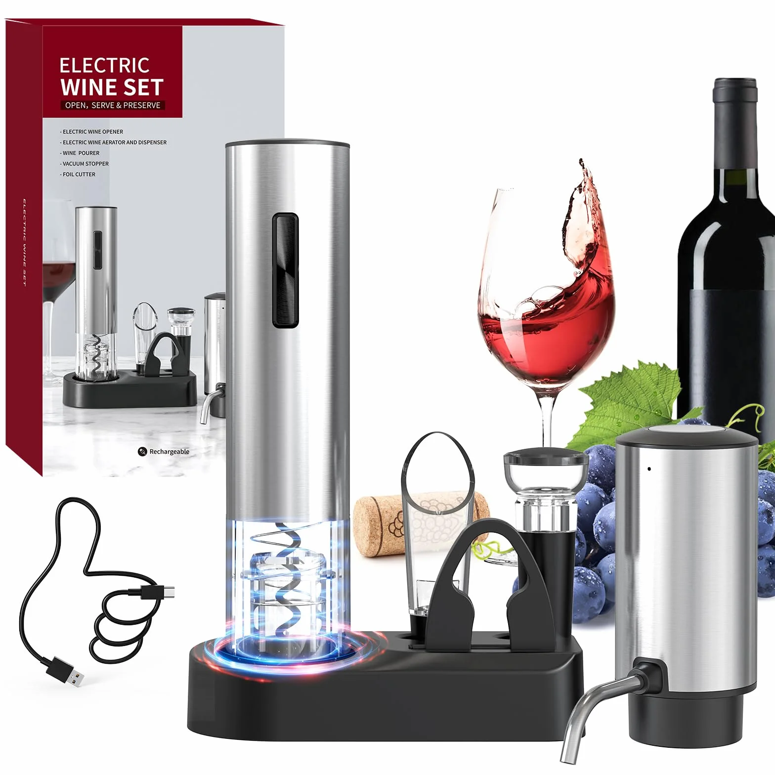 CIRCLE JOY Juego de Abrebotellas Eléctrico 6 en 1 con Sacacorchos recargable y aireador de vino, Tapón de vacío, cortador de papel de aluminio, Sacacorchos Automático para fiestas en el bar de casa
