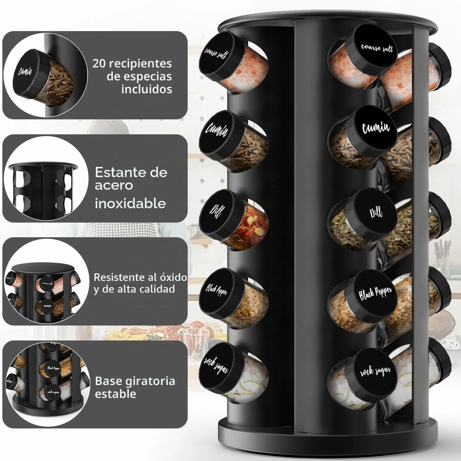 Estante giratorio de especias con 20 vasos de especias,Acero inoxidable | Estante giratorio, Con pegatinas, Funda plegable, Para placa de trabajo o armario