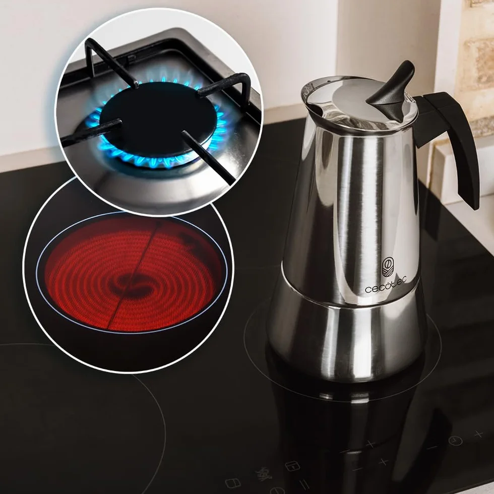 Cecotec Cafetera Italiana Piccolina 900 Green. 450ml, 10 Tazas de Café, Acero Inoxidable, Apta Todas Superficies, Filtro Premium, Válvula Seguridad, Mango Termorresistente, Diseño Elegante