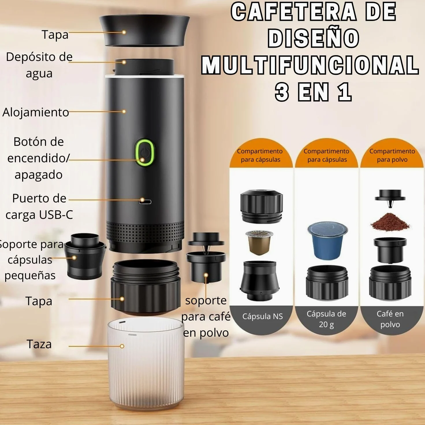Cafetera Portatil Capsulas 3 en 1 compatible con Nespresso Dolce Gusto y Café Molido - Mini Cafetera Portátil Multicapsulas para Llevar - Maquina Cafe Portatil Pequeña