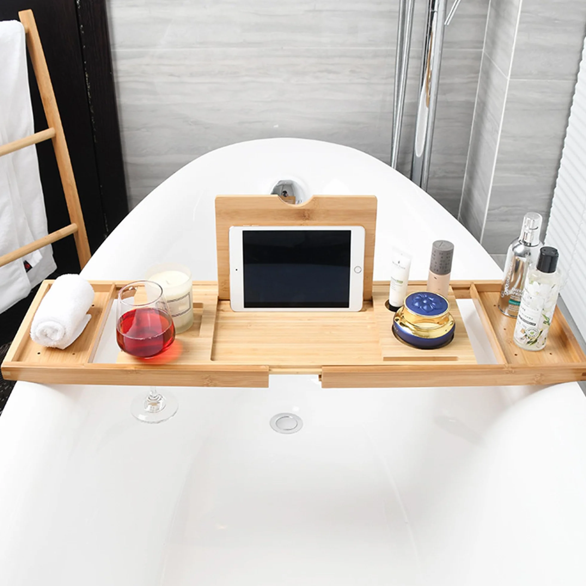 Bandejas de Baño, Bandeja para Bañera Extensible, Bandeja de Bambú para Bañera, Bandeja de Bañera de Madera con Ranura para Copas de Vino, Rejilla para Tableta y Bandeja de Bambú Extraíble